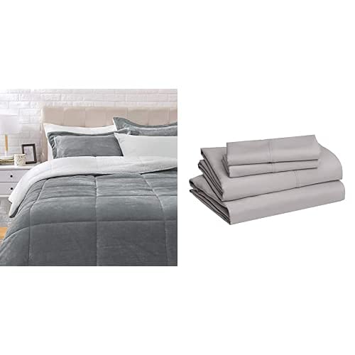 Amazon Basics Ultra-Soft Micromink Sherpa Comforter & Sheet Set - King Size, Charcoal Grey, Lightweight & Easy Care Microfiber with 14