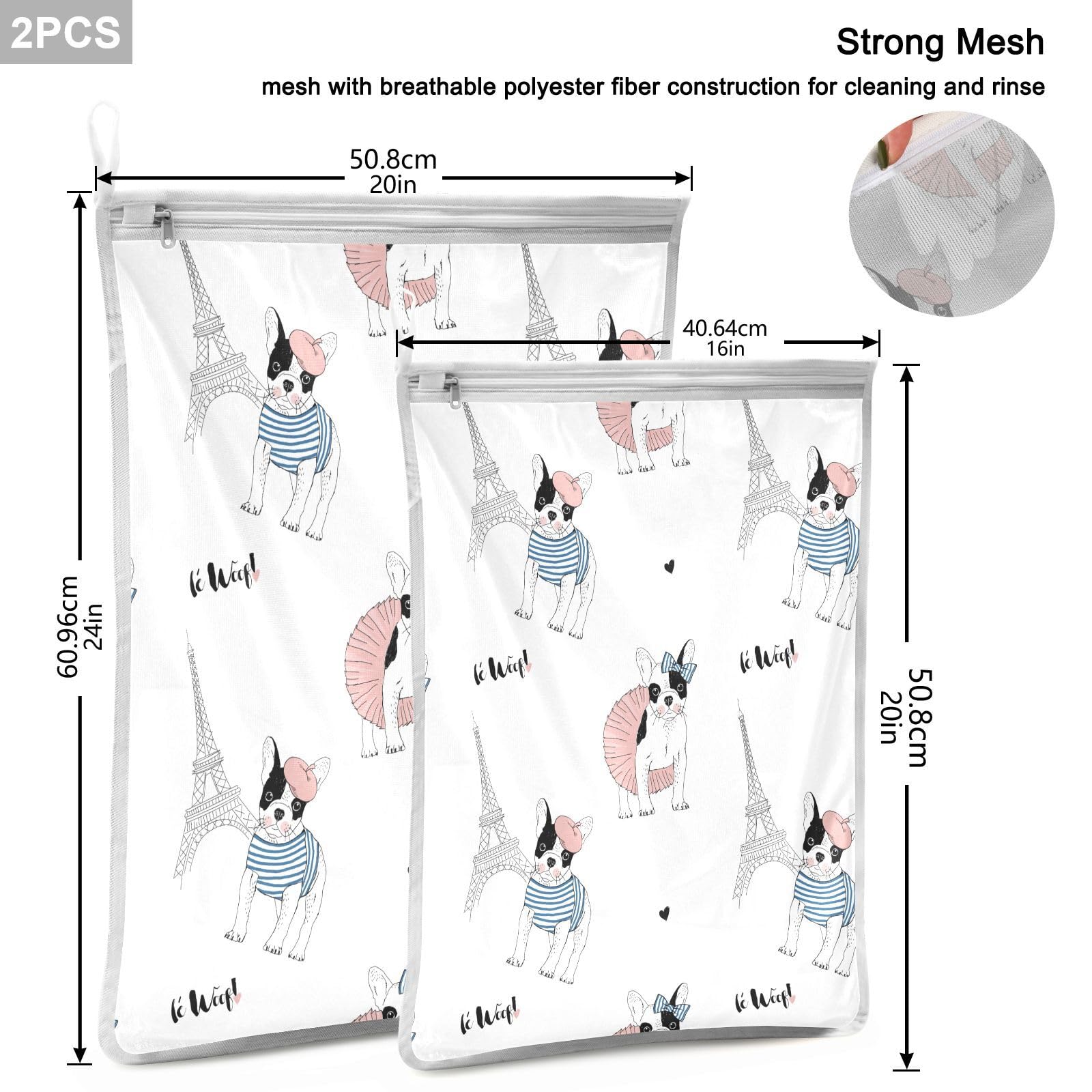 French Bulldog Mesh Laundry Bags Set of 2 - Delicates Wash Bags for Washing Machine, Underwear, Blouses, Hosiery, Pants & Sweaters | Perfect for Travel, Gym & Baby Clothes Protection