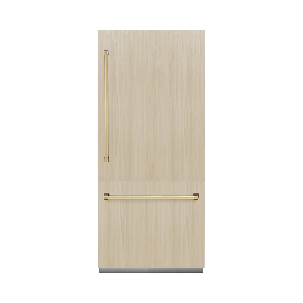 ZLINE Autograph Edition 36 Inch Panel Ready Built-In Bottom Freezer Refrigerator - 19.8 cu.ft Capacity with Water Dispenser & Ice Maker, Polished Gold Accents (RBITZ 36 G) - Perfect for Modern Kitchens and Luxury Home Upgrades