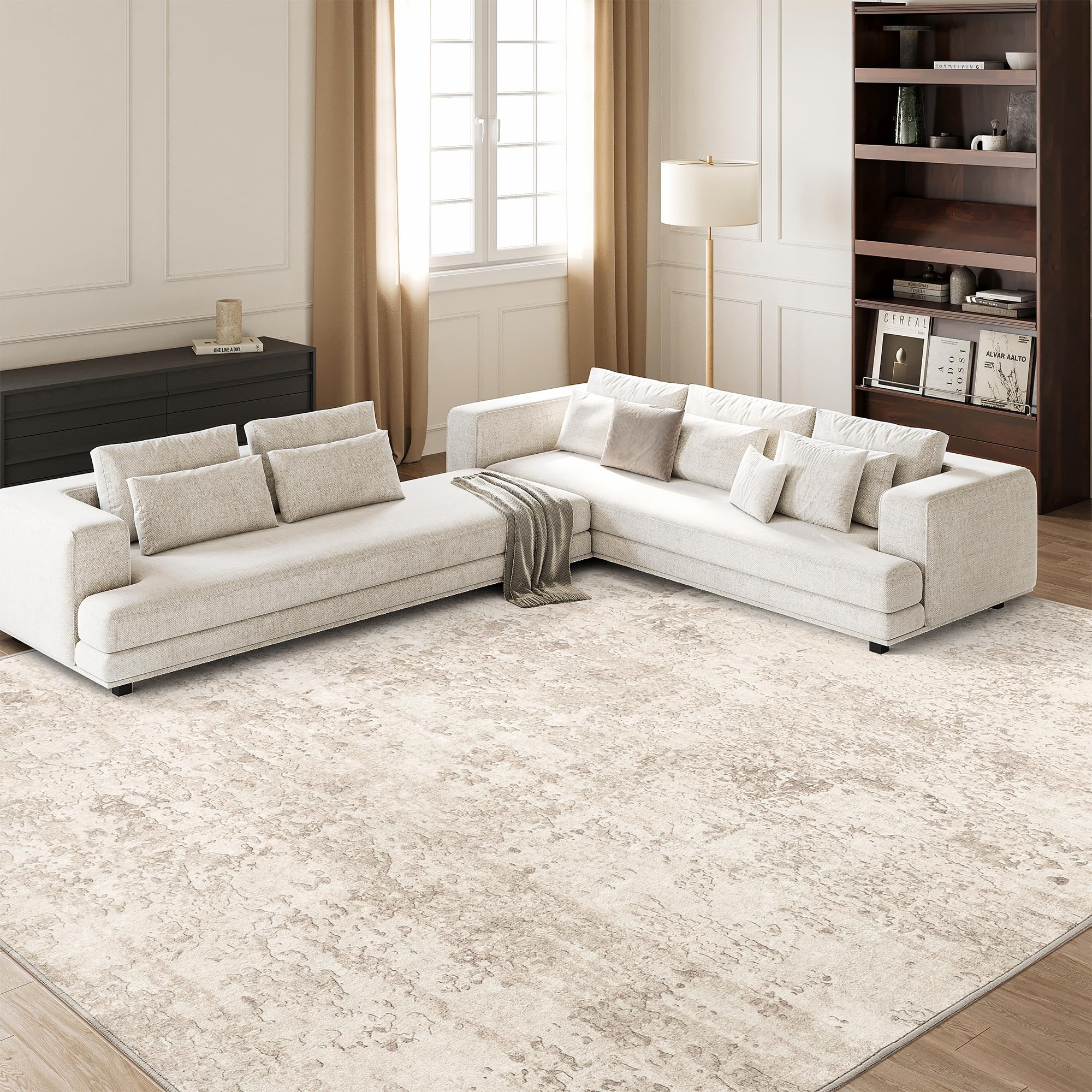 Art&Tuft Washable 8x10 Rug with Anti-Slip Backing - Abstract Design Stain Resistant Living Room Rug - Foldable Machine Washable Area Rug (TPR53-Beige, 8'x10') - Perfect for Home Decor, Bedroom, Dorm & Office Spaces