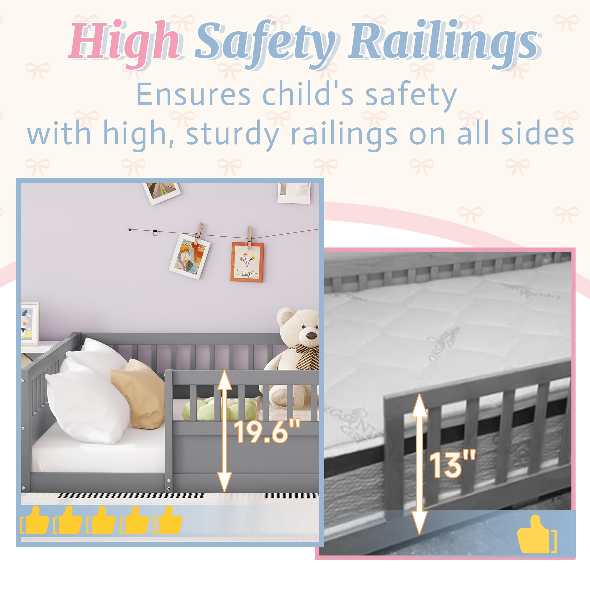 Montessori Floor Bed for Kids - Full Size Wooden Playhouse Bed with High Safety Railings for Baby Boys, Girls & Teens - Gray (No Slats Included) - Perfect for Montessori Bedrooms, Playrooms & Safe Toddler Sleep Spaces