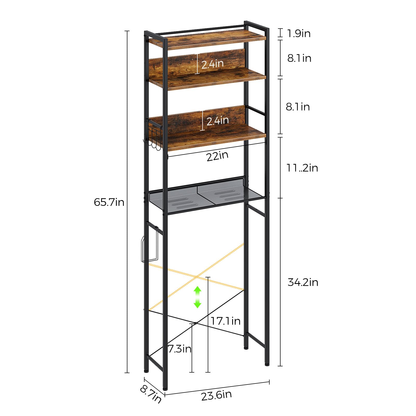 Rolanstar 4-Tier Over The Toilet Storage Organizer - Freestanding Bathroom Shelf with Hooks, Space-Saving Design for Small Bathrooms, Rustic Brown - Perfect for Towels, Toilet Paper & Bathroom Essentials Storage