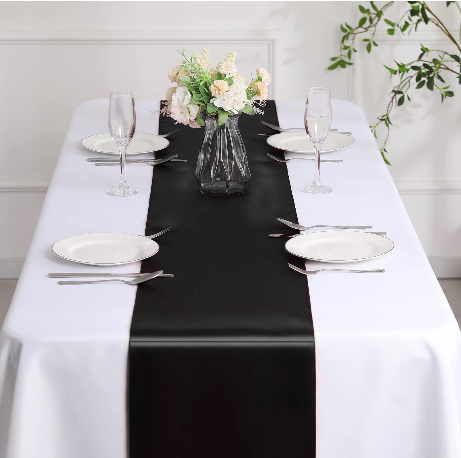 4-Pack Satin Black Table Runners 12x108 Inch - Elegant Long Party Table Decor for Weddings, Banquets, Birthday Buffets & Graduation Dinners | Smooth & Shiny Fabric for Formal Dining Events & Holiday Celebrations