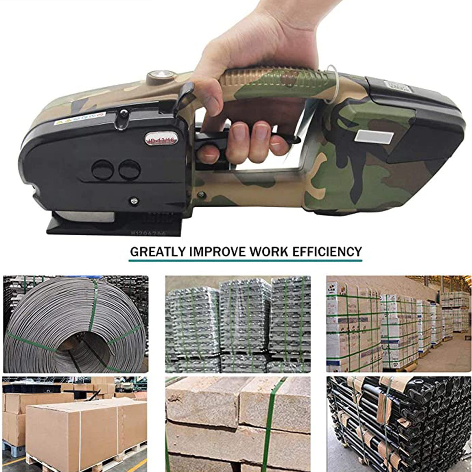 Portable Electric Strapping Machine - Battery Powered Automatic Baler with Tensioner & Cutter for PET/PP Straps - Ideal for Warehouse, Logistics & Shipping Packaging (Camouflage Design)