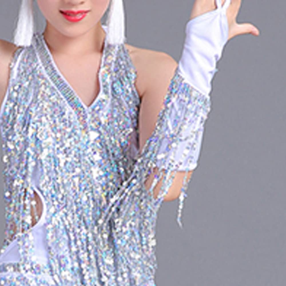 Sparkling Girls Latin Dance Dress with Sequins & Fringe - Elegant Ballroom Modern Tango Performance Costume for Kids & Teens - Perfect for Competitions, Recitals & Dance Shows
