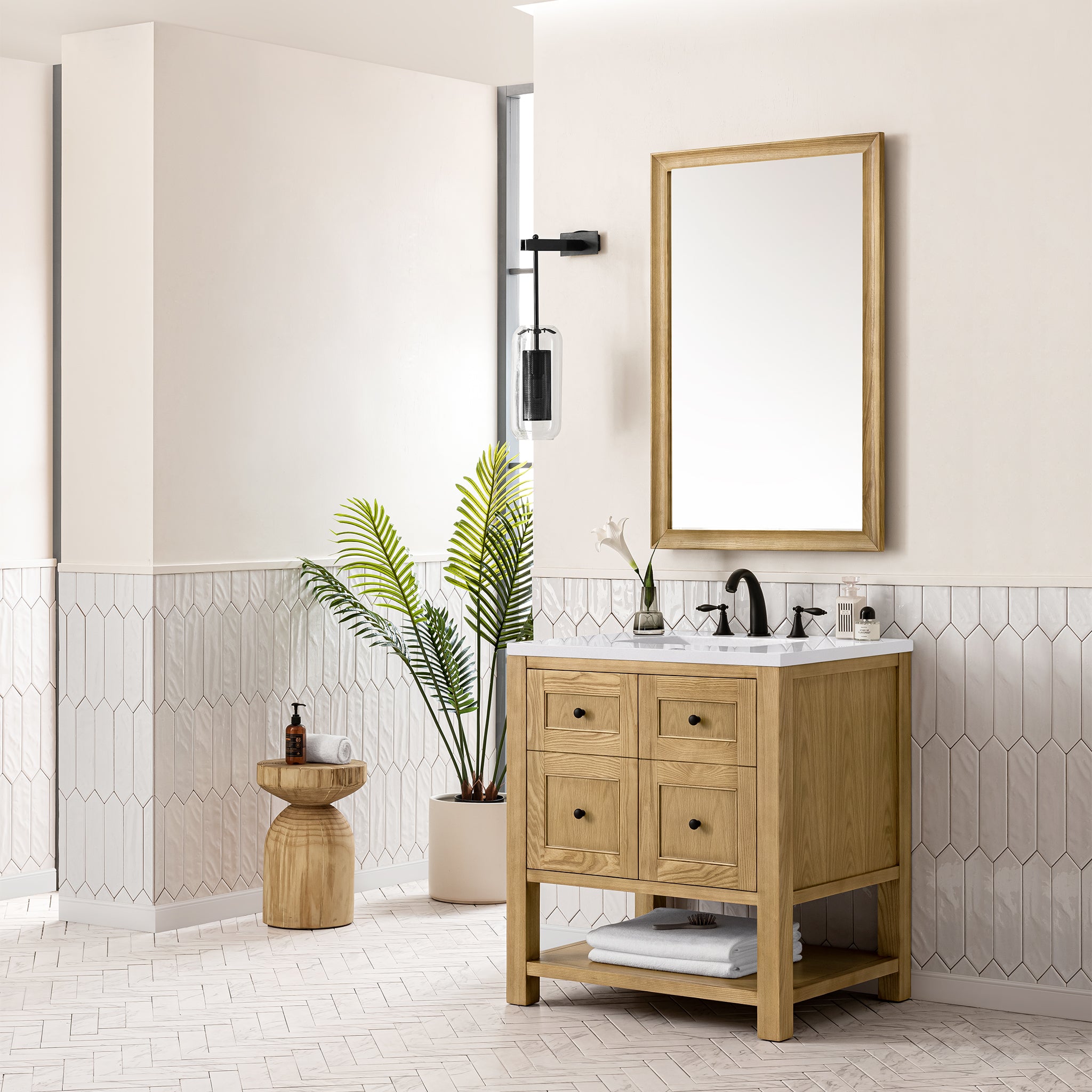 Breckenridge 30-Inch Single Bathroom Vanity in Light Natural Oak with 3CM White Zeus Quartz Top - Perfect for Modern Home Bathroom Remodeling