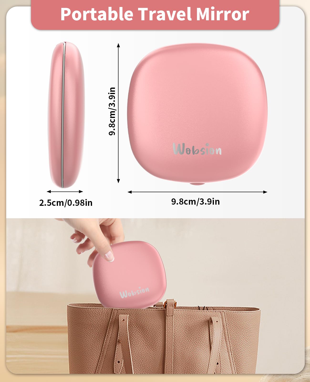 Wobsion Rechargeable Travel Mirror with LED Light - 1x/10x Magnifying Compact Mirror, Dimmable 2-Side Handheld Mirror (4 Inch) - Perfect for Makeup, Skincare & Travel - Portable Rose Gold Vanity Mirror for Handbag, Purse & Gift Ideas