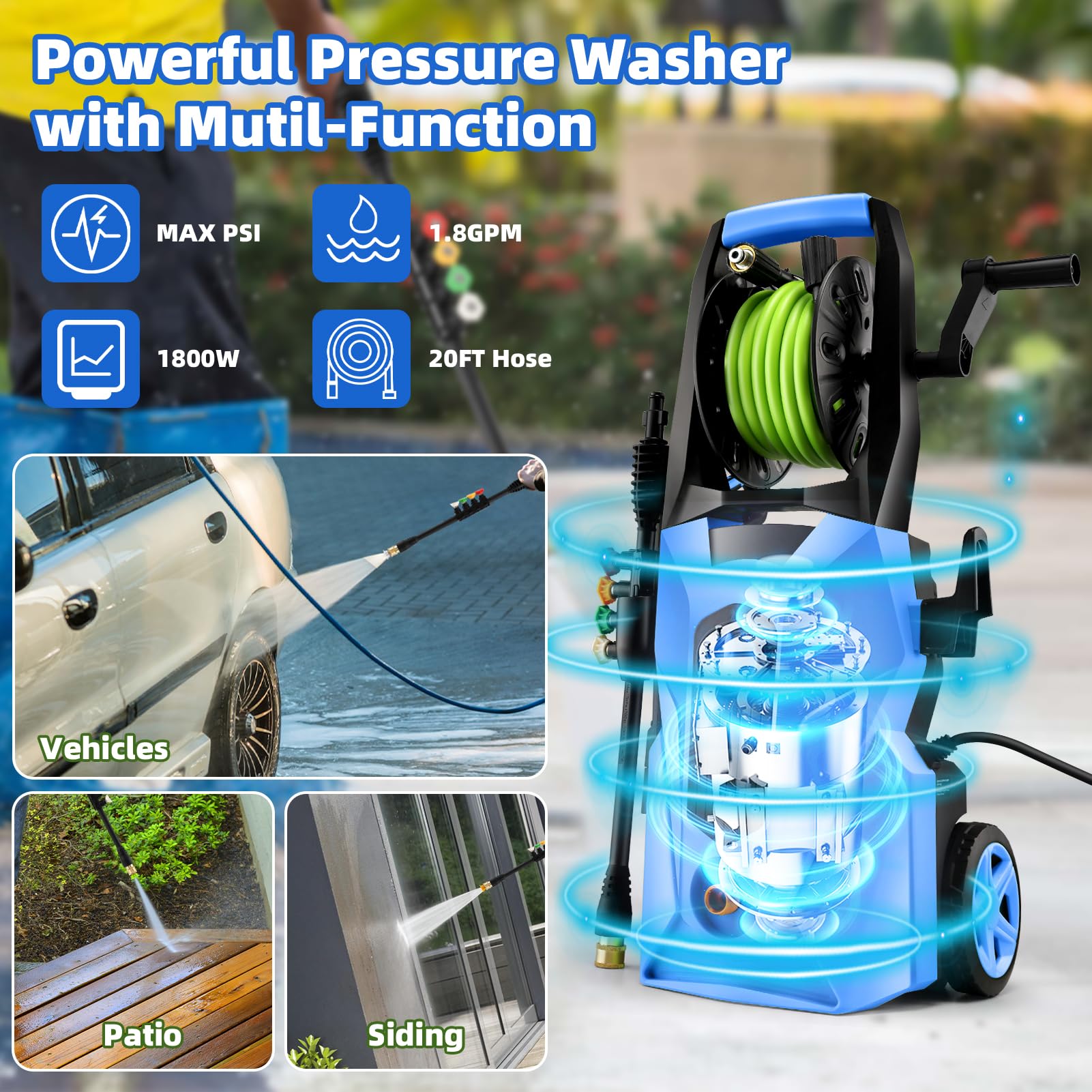 Homdox 4500 PSI 1800W Electric Power Washer - High Pressure Cleaner with Adjustable Nozzle & Foam Cannon for Home, Car, Driveway Cleaning - Perfect for Patios, Decks, Fences & Outdoor Surfaces