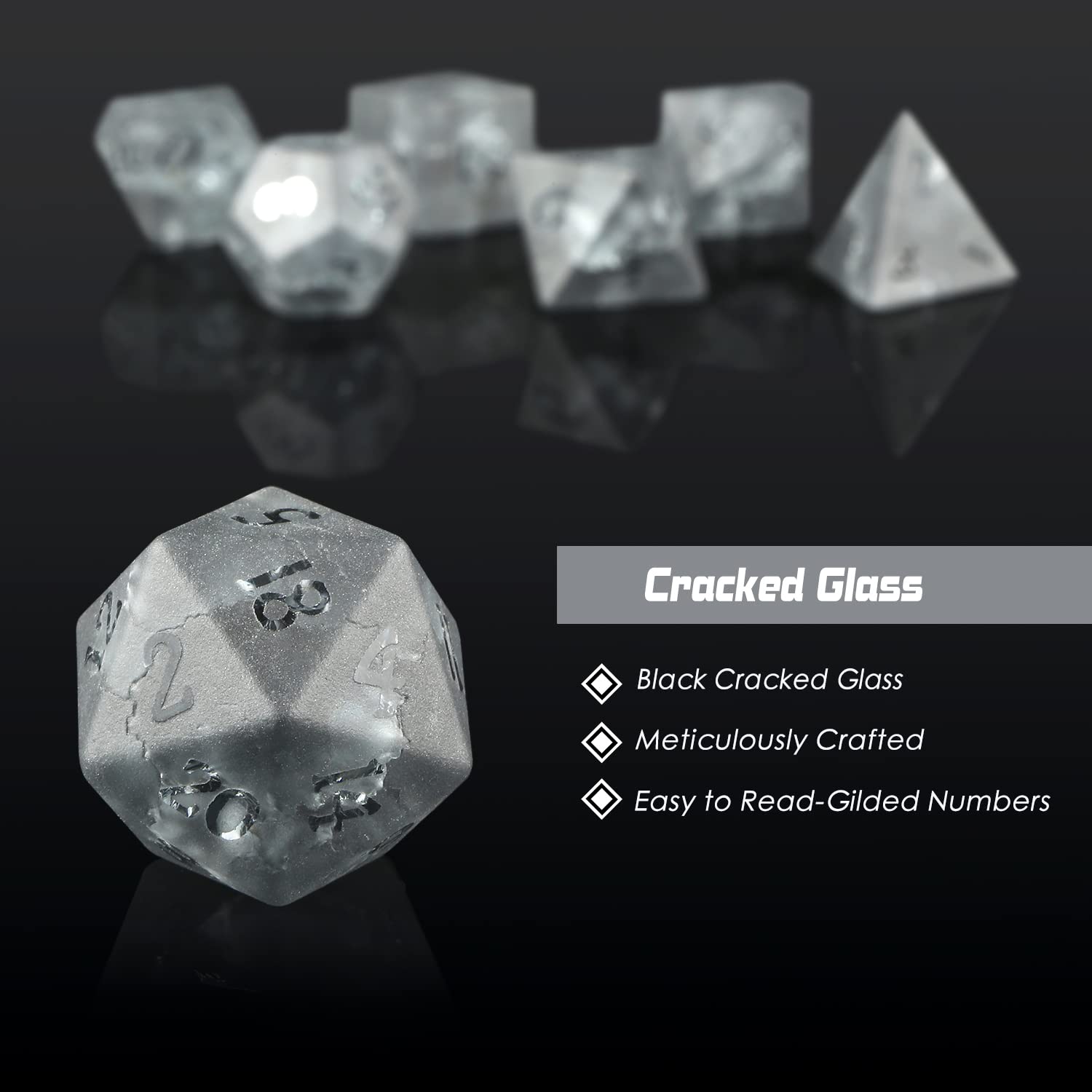Premium Black Zircon Cracked Glass DND Dice Set - 7-Piece Polyhedral Dice with Raised Numbers for Dungeons & Dragons RPG Tabletop Games | Great Gift for Gamers with Elegant Storage Case | Perfect for D&D Campaigns, Board Game Nights & Roleplaying Adventures