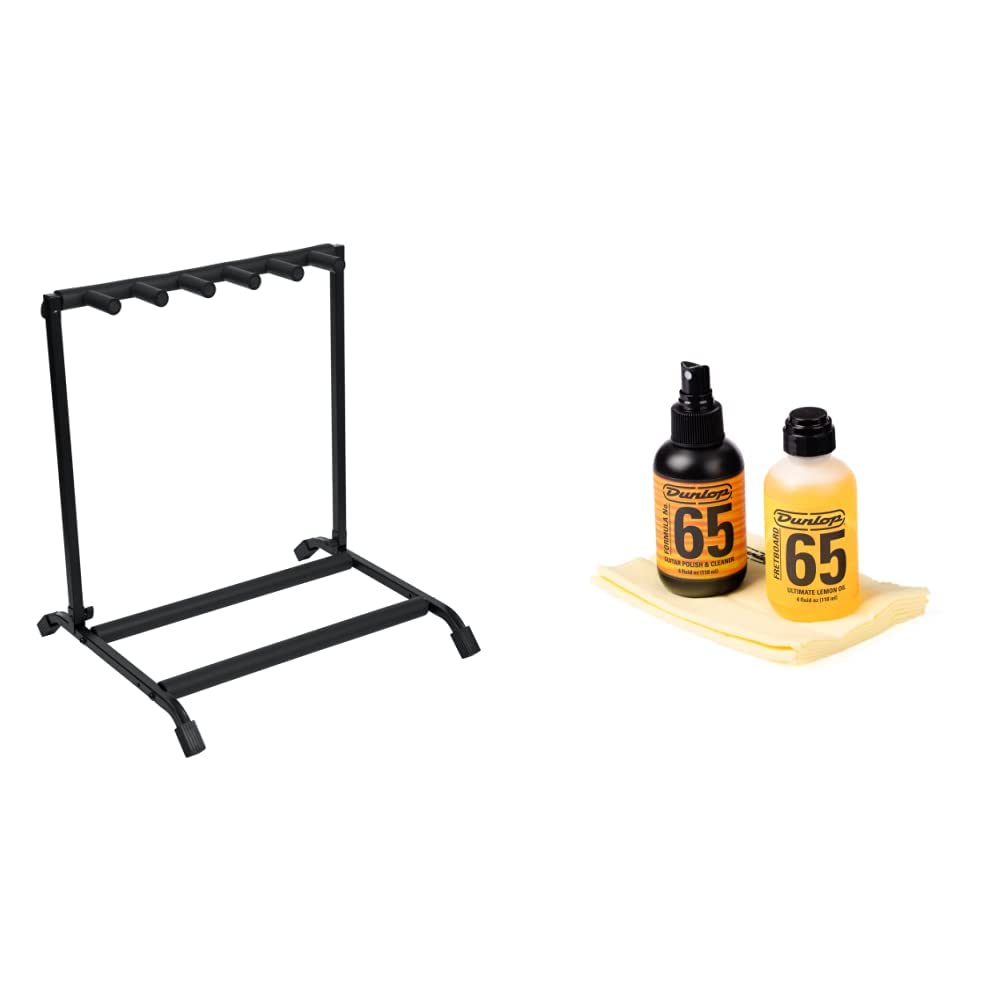 Rok-It 5 Guitar Stand Rack with Dunlop Guitar Cleaning Kit - Heavy Duty Guitar Holder & Maintenance Set for Acoustic & Electric Guitars - Perfect for Home, Studio & Stage Use