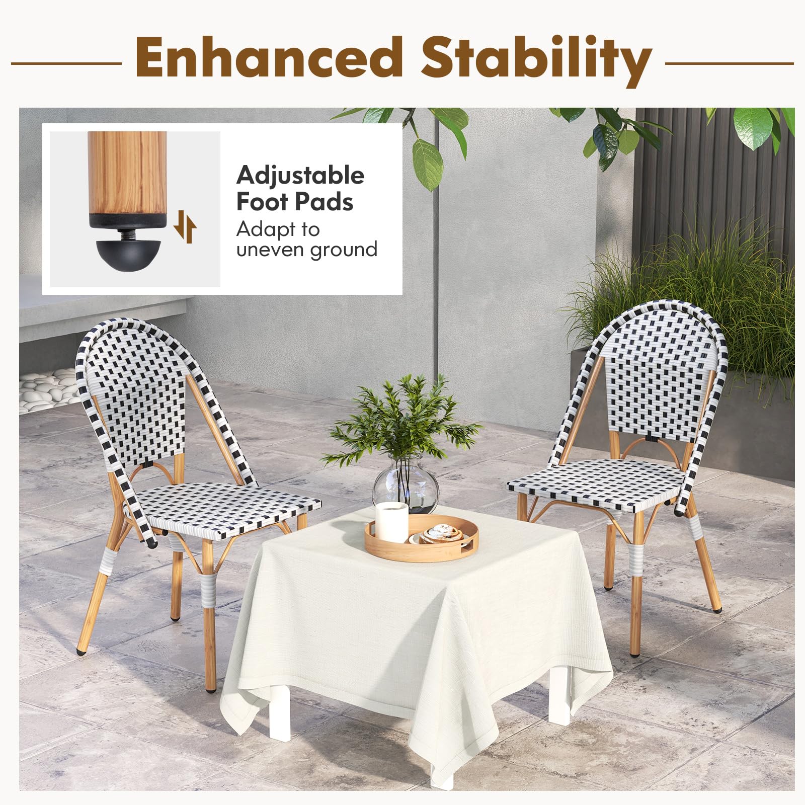 Tangkula French Bistro Chair Set of 4 - Outdoor Armless Dining Chairs with Hand-Woven Rattan & Galvanized Metal Frame - Patio Kitchen Garden Backyard Porch Accent Chairs (Black & White) - Perfect for Al Fresco Dining, Coffee Shops, and Coastal Decor