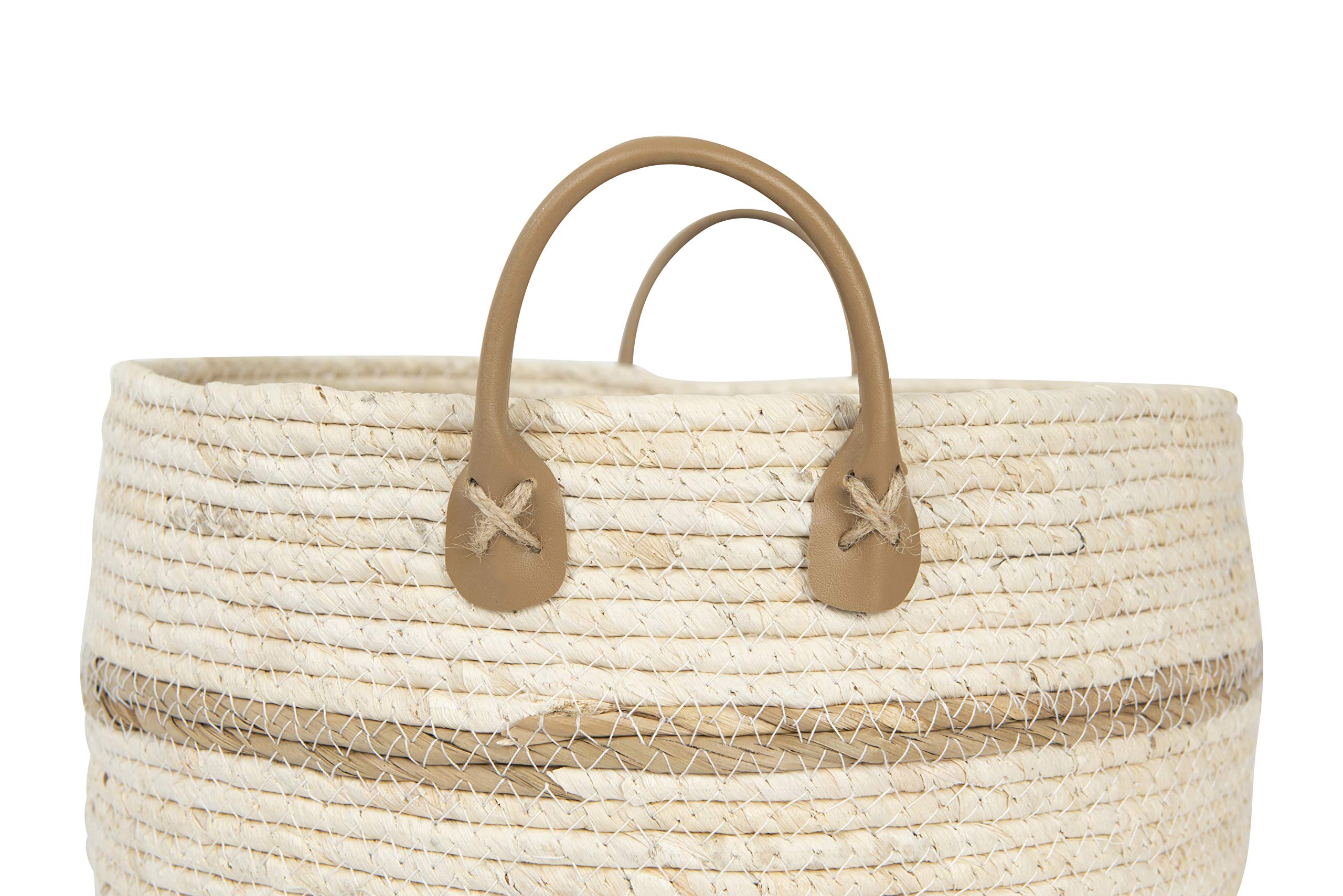 Creative Co-Op Set of 3 Beige & Brown Wicker Storage Baskets with Leather Handles - Small Medium Large Sizes for Home Organization, Bathroom, Bedroom & Office Decor