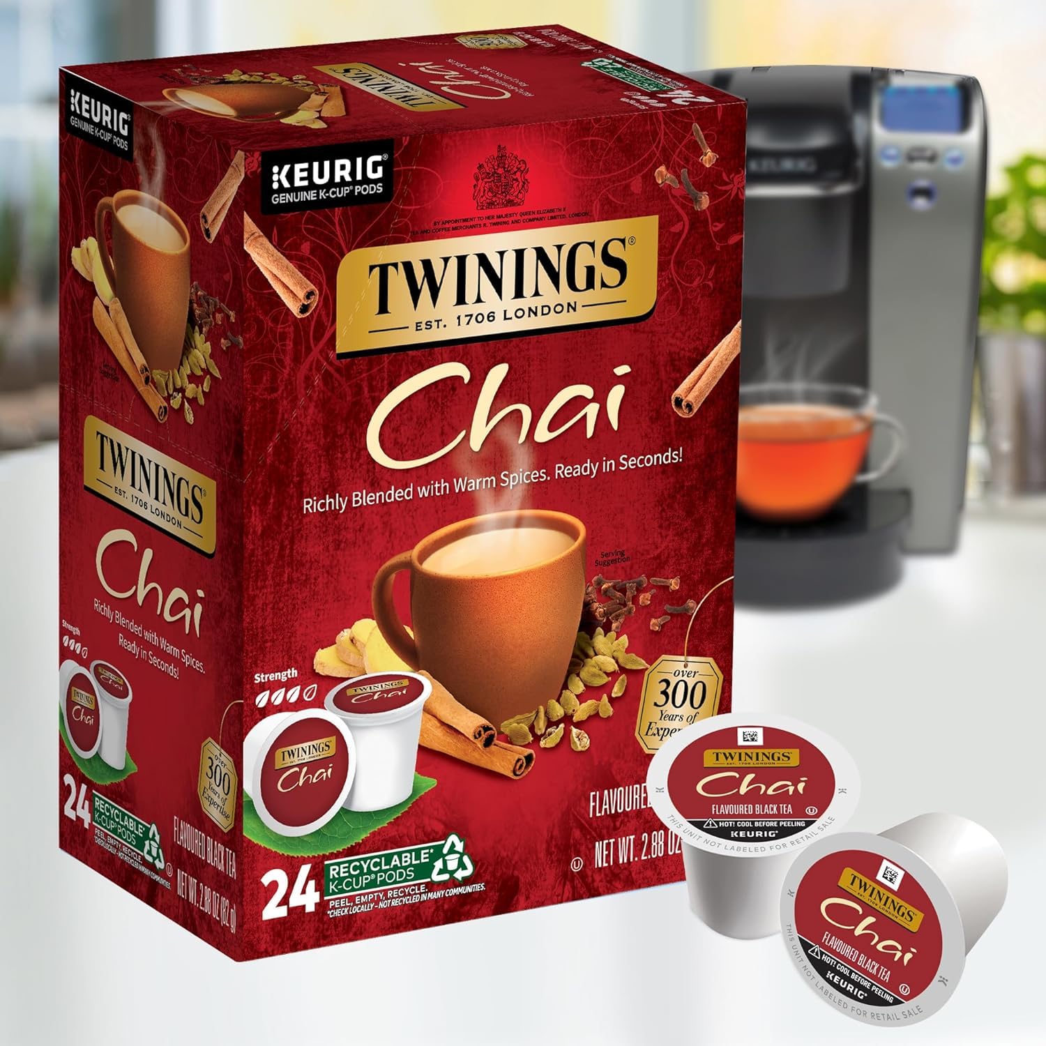 Twinings Chai Flavored Black Tea K-Cup Pods for Keurig - Naturally Sweet & Spicy, Caffeinated, 48 Count (2 Packs) - Perfect for Morning Boost, Afternoon Relaxation & Office Breaks