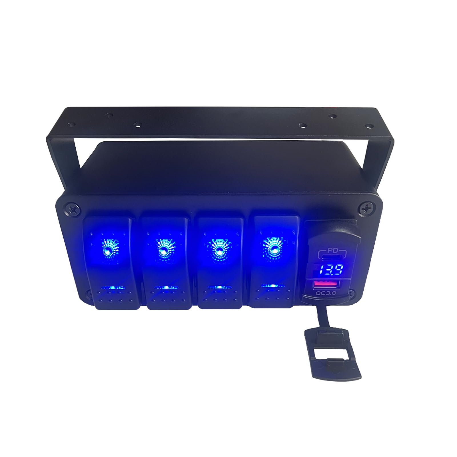 4 Gang Marine Boat Rocker Switch Panel - 12V SPST Aluminum Waterproof Switch Box with PD Type C & QC 3.0 USB Charger, Voltmeter & DIY Stickers - Perfect for RVs, Boats, Trucks & Marine Electrical Systems