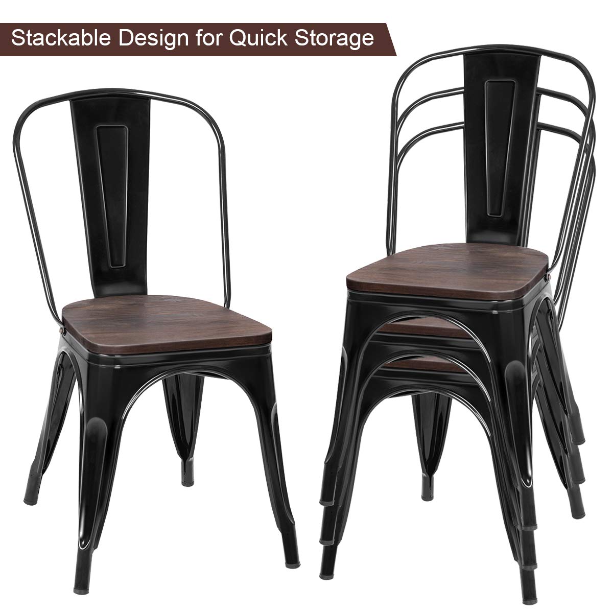 GOFLAME Set of 4 Metal Dining Chairs with Wood Seat - Tolix Style Stackable Bistro Chairs for Indoor & Outdoor Use - High Back Cafe Side Chairs for Restaurant, Living Room, Patio & Kitchen (Black)