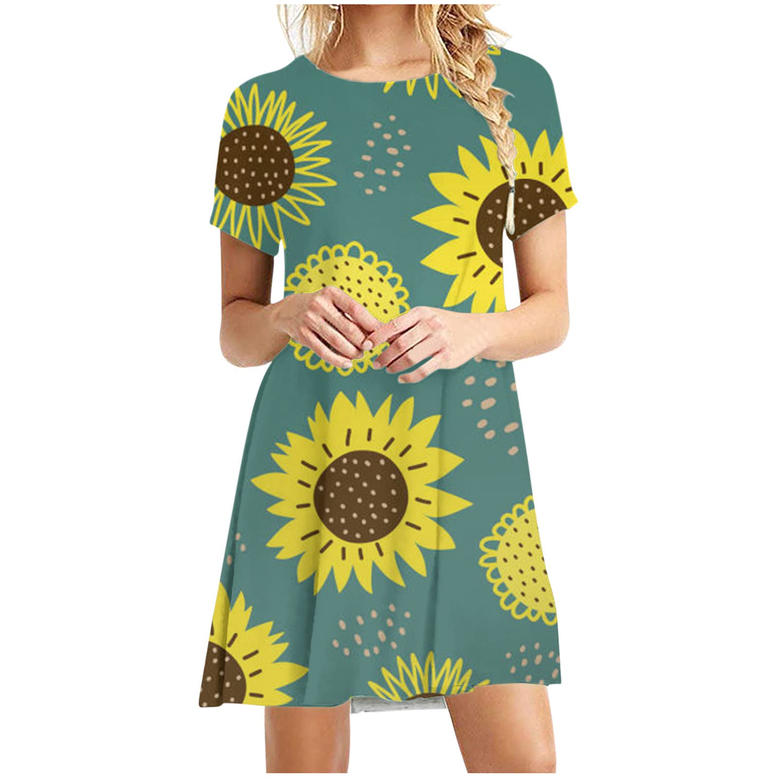 Women's Summer Shift Dress - Floral Beach Sundress, Cute T-Shirt Mini Dress with Short Sleeves & Crewneck | Perfect for Casual Outings, Boho Style, Vacations & Beach Getaways