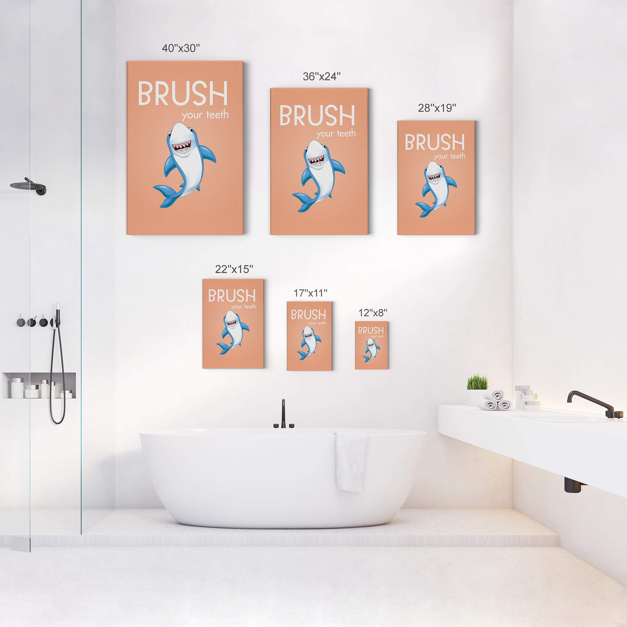 Smile Art Design Brush Your Teeth Quote Canvas Print - Funny Bathroom Wall Decor for Kids & Nursery, Shark Theme Ready-to-Hang Bathroom Sign (40x30 Inches) - Perfect for Children's Bathrooms, Dental Offices & Playrooms | Made in USA