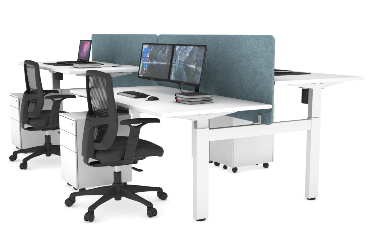 Adjustable 4-Person H Bench Workstation - White Frame (1400L x 800W) | Ergonomic Office Desk for Team Collaboration & Workspace Efficiency