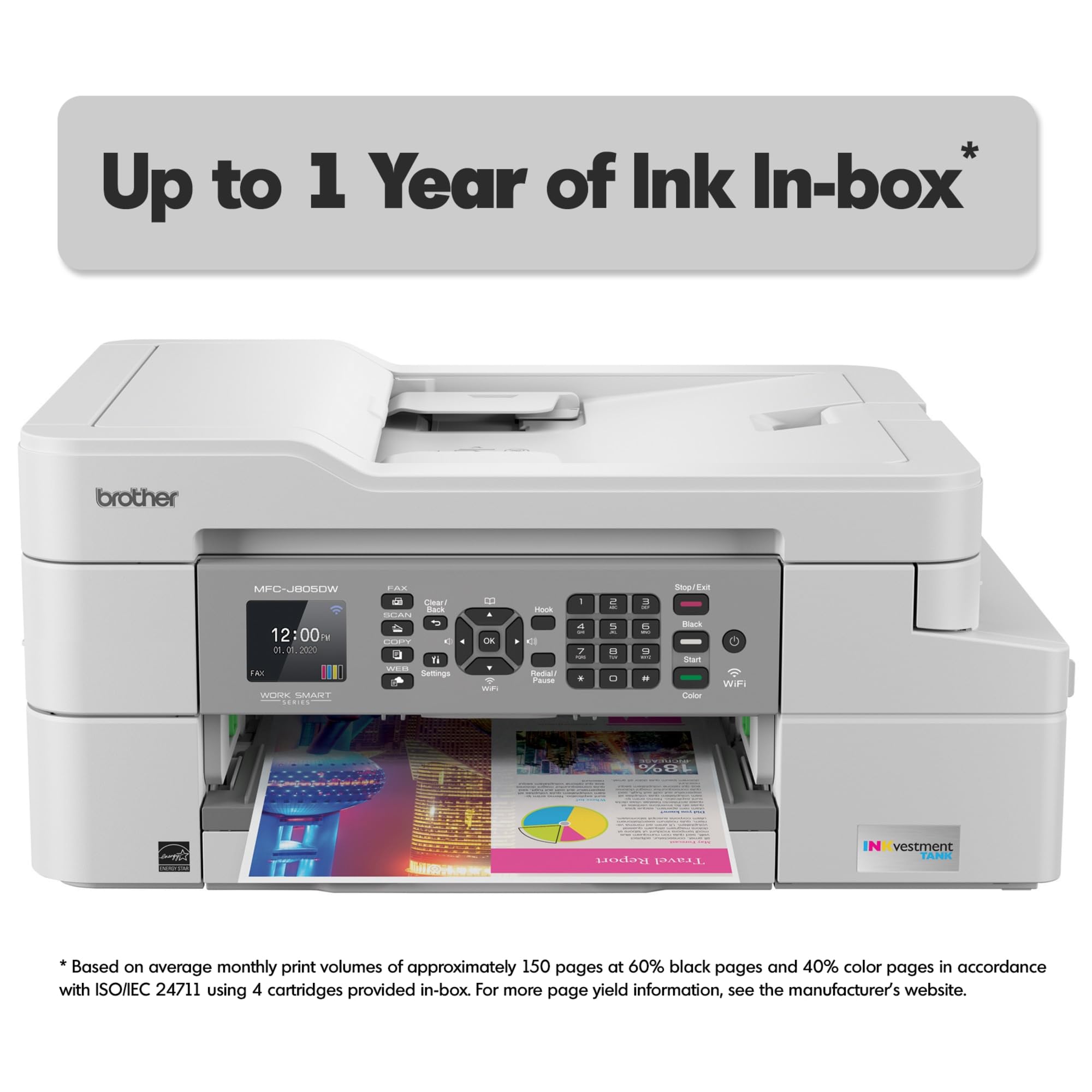 Brother MFC-J805DW Wireless Color Inkjet All-in-One Printer with Mobile Printing, Duplex Scanning & Copying, 1-Year Ink Supply, White – Ideal for Home Office & Small Business Use