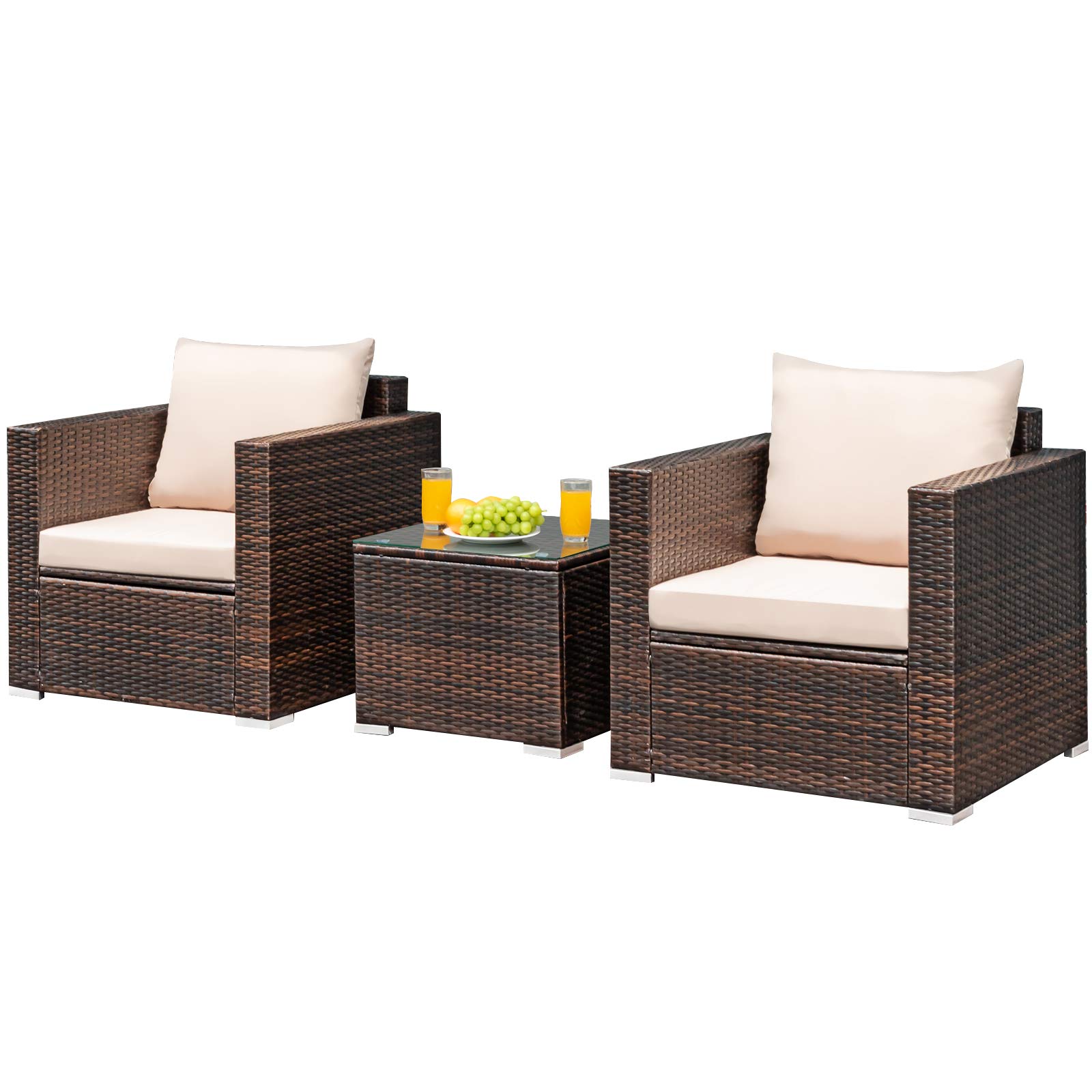 Tangkula 3-Piece Outdoor Patio Furniture Set with Washable Cushions & Tempered Glass Table - PE Wicker Rattan Sofa Set for Garden, Poolside, Balcony - Perfect for Relaxing, Entertaining & Outdoor Dining