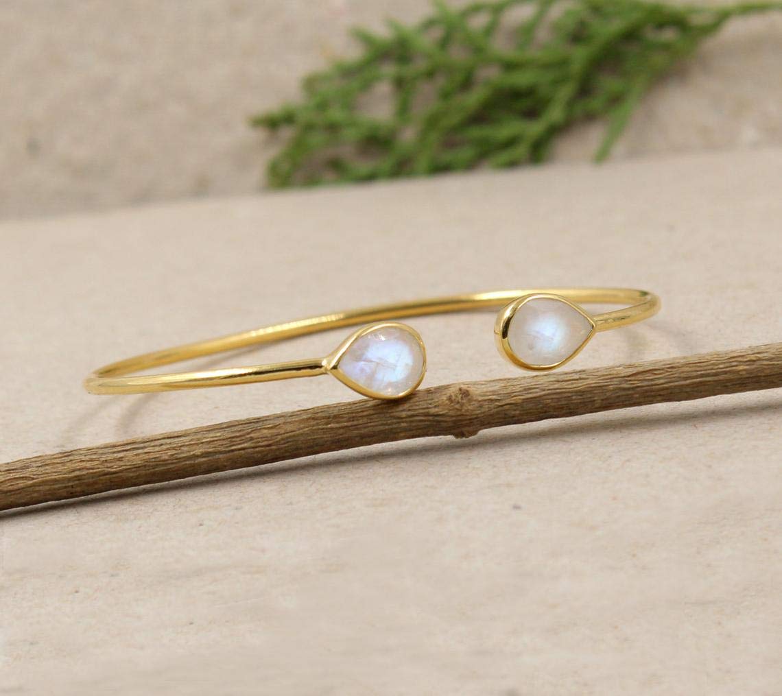 Rainbow Moonstone Adjustable Gold Plated 925 Silver Cuff Bracelet Bangle - Handmade Jewelry for Women, Boho Chic Accessories for Everyday Wear & Special Occasions