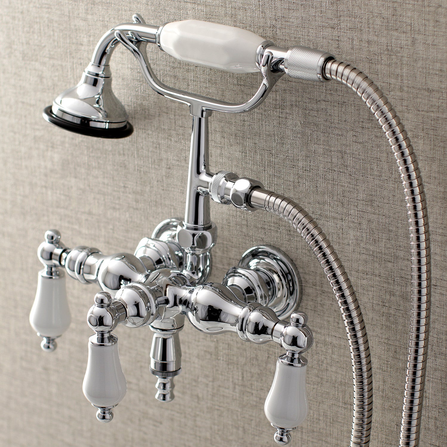 Vintage Style 3-Handle Wall Mount Clawfoot Tub Faucet with Hand Shower - Polished Chrome Finish - Perfect for Bathroom Renovation & Antique Tub Restoration Projects