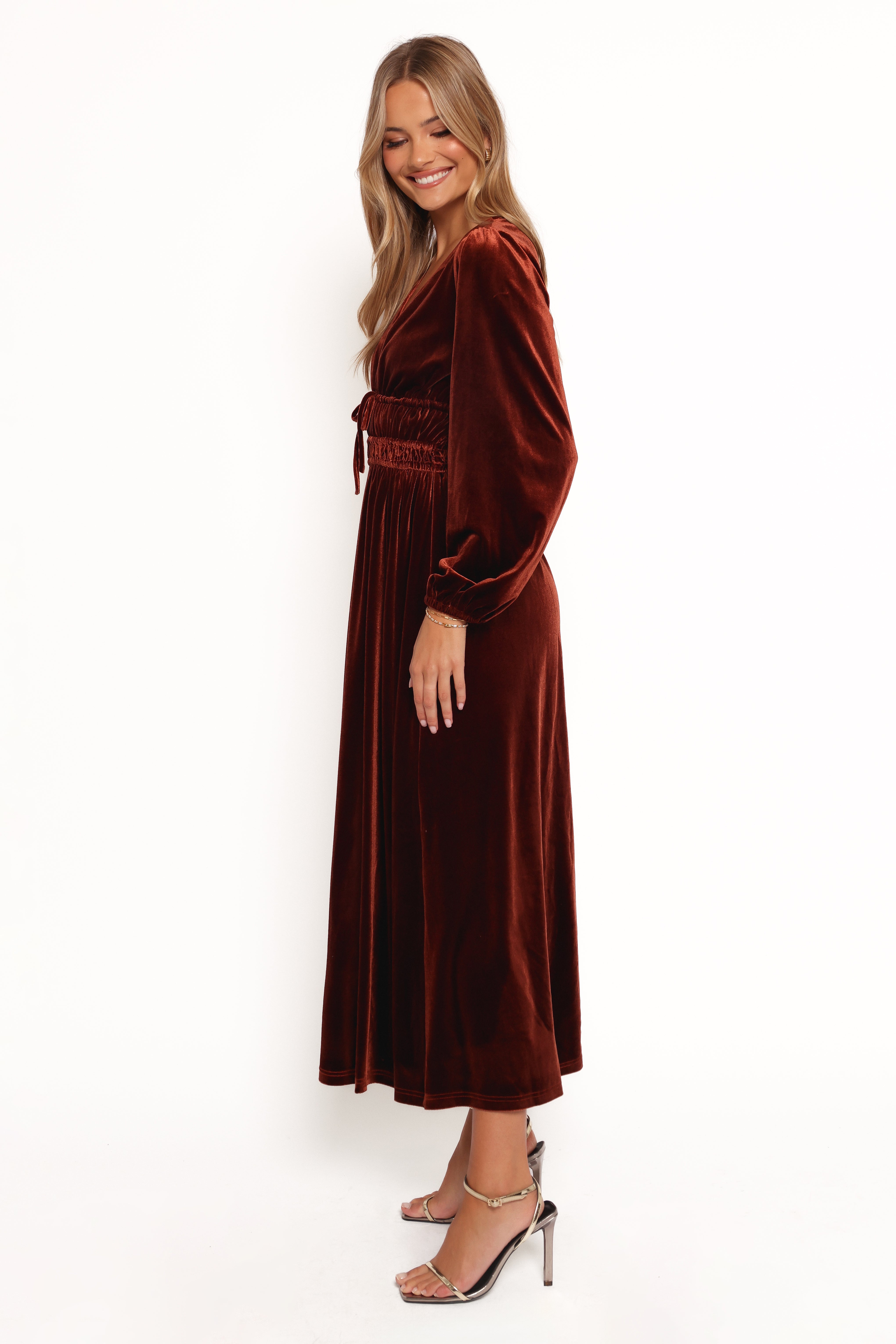 Cece Velvet Long Sleeve Maxi Dress for Women - Elegant Rust Color Fall Dress for Parties, Weddings & Special Occasions