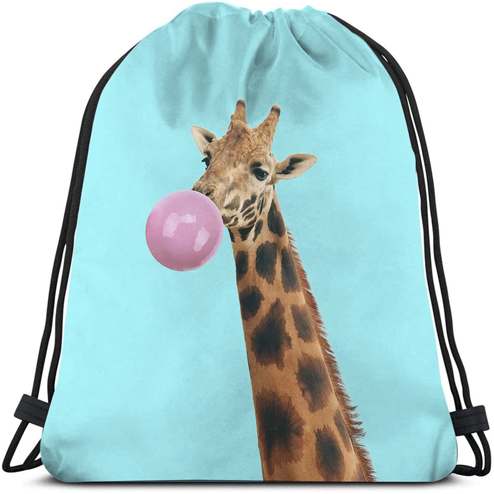 Funny Giraffe Drawstring Backpack - Adorable Animal Print Gym Sack for Men & Women | Perfect for Yoga, Sports, Travel & Beach | Cool Blue Wild African Design with Bubble Gum Theme