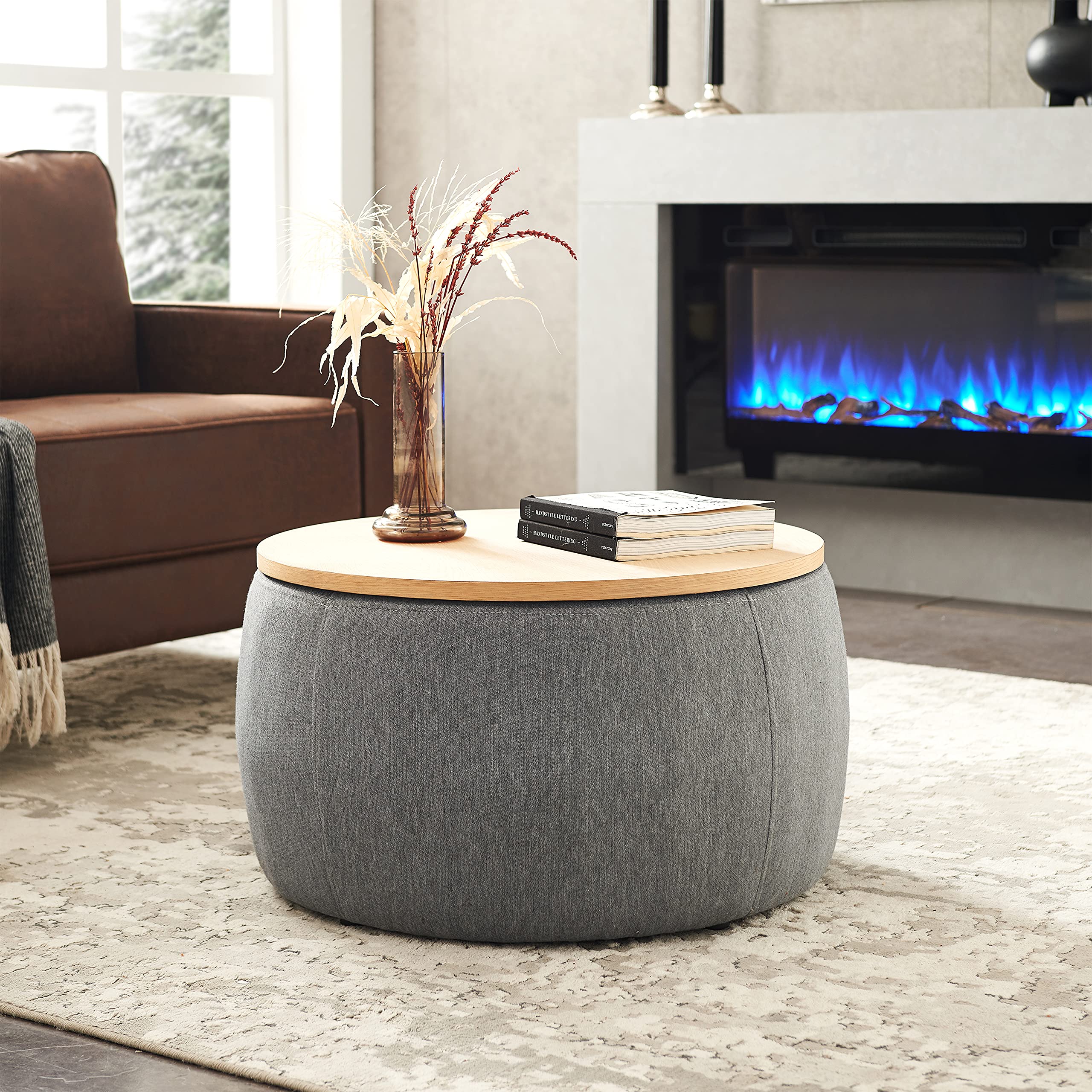 Modern Round Storage Ottoman with Wooden Lid - Handmade Circle Coffee Table, End Table & Footstool for Living Room - Dark Gray - Perfect for Small Spaces, Home Decor & Extra Seating