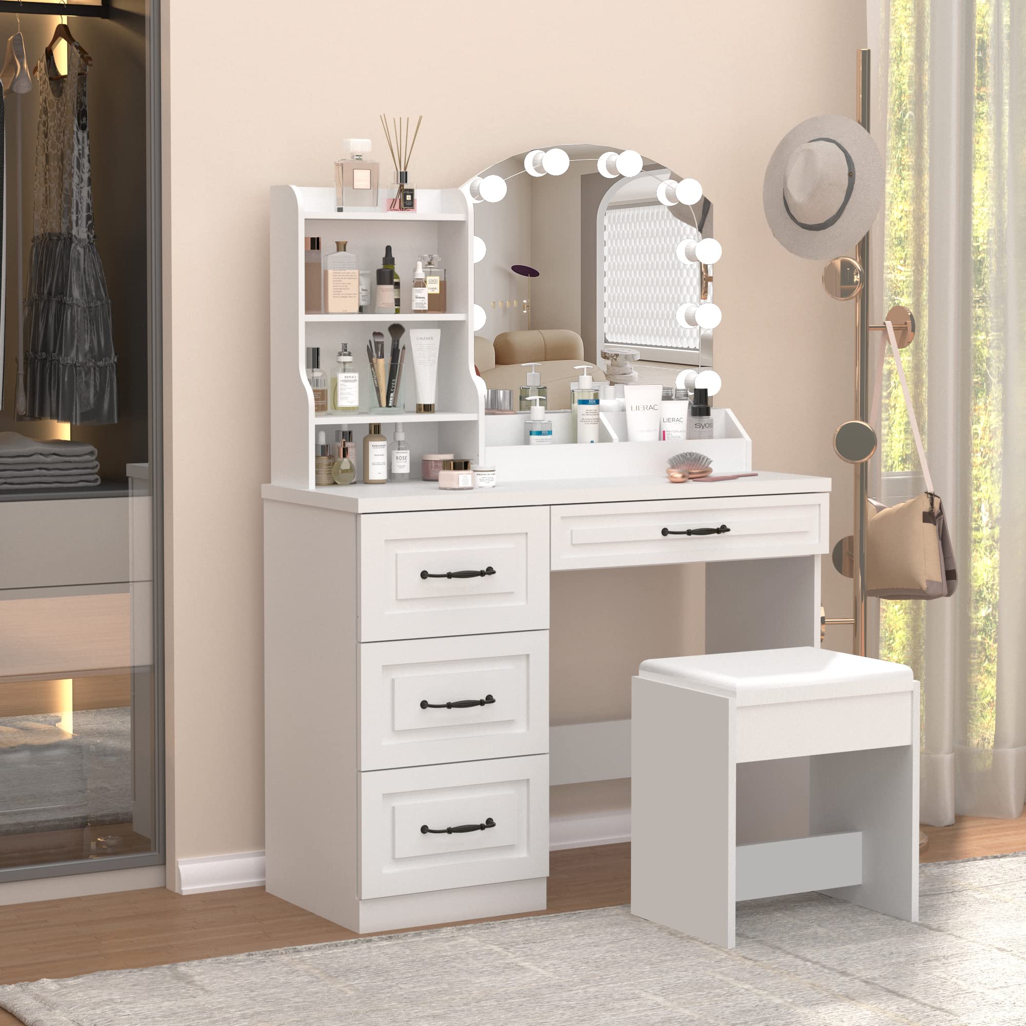 Vabches Makeup Vanity Desk with LED Lights & 4 Drawers - White Dressing Table with Large Storage (39.4 Inch), 3 Color Lighting Modes - Perfect for Bedroom, Dressing Room & Beauty Salon