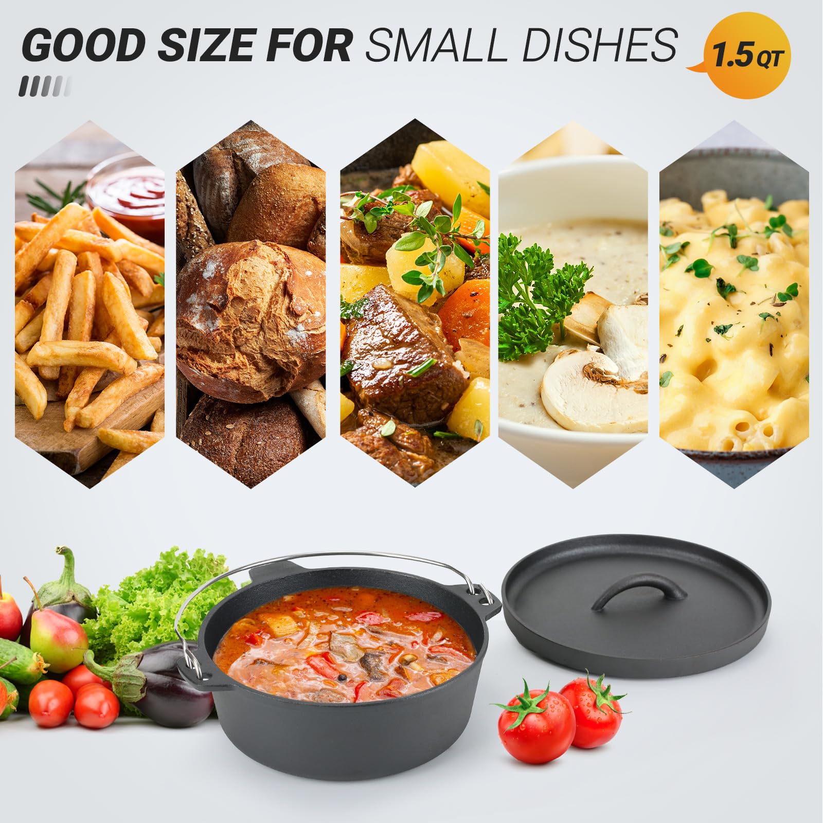 Cast Iron Dutch Oven with Lid - 1.5 Quart Enameled Pot for Cooking, Baking & Roasting - Perfect for Small Dishes, Side Dishes, Camping, BBQ & Garlic Roasting - Durable Camping Cookware Set for Outdoor & Indoor Use