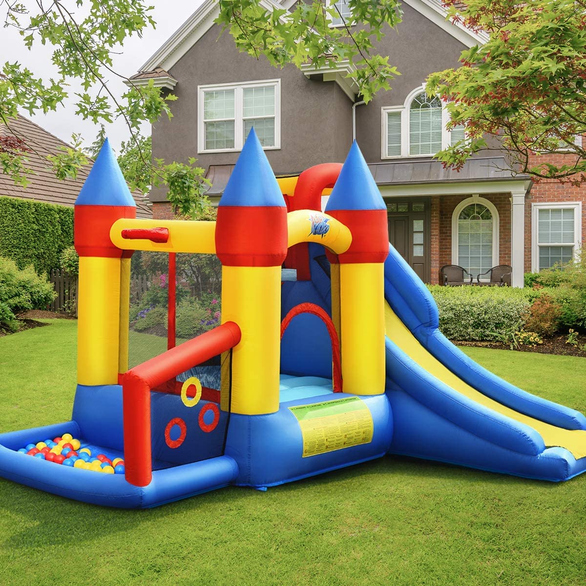 **WATERJOY Inflatable Bounce House with 740 Blower - Kids Slide, Jumping Castle, Basketball Rim & Football Play Area for Indoor & Outdoor Fun - Perfect for Birthday Parties, Backyard Play & Summer Activities**