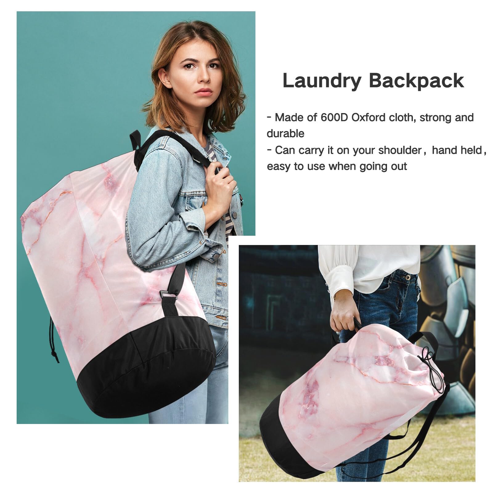 Washable Laundry Backpack - Large Dirty Clothes Bag with Adjustable Shoulder Straps | Pink Marble Pattern | Heavy Duty Drawstring Laundry Bag for Travel, College, Camping & Gym | Perfect for Dorms, Hotels & Outdoor Adventures