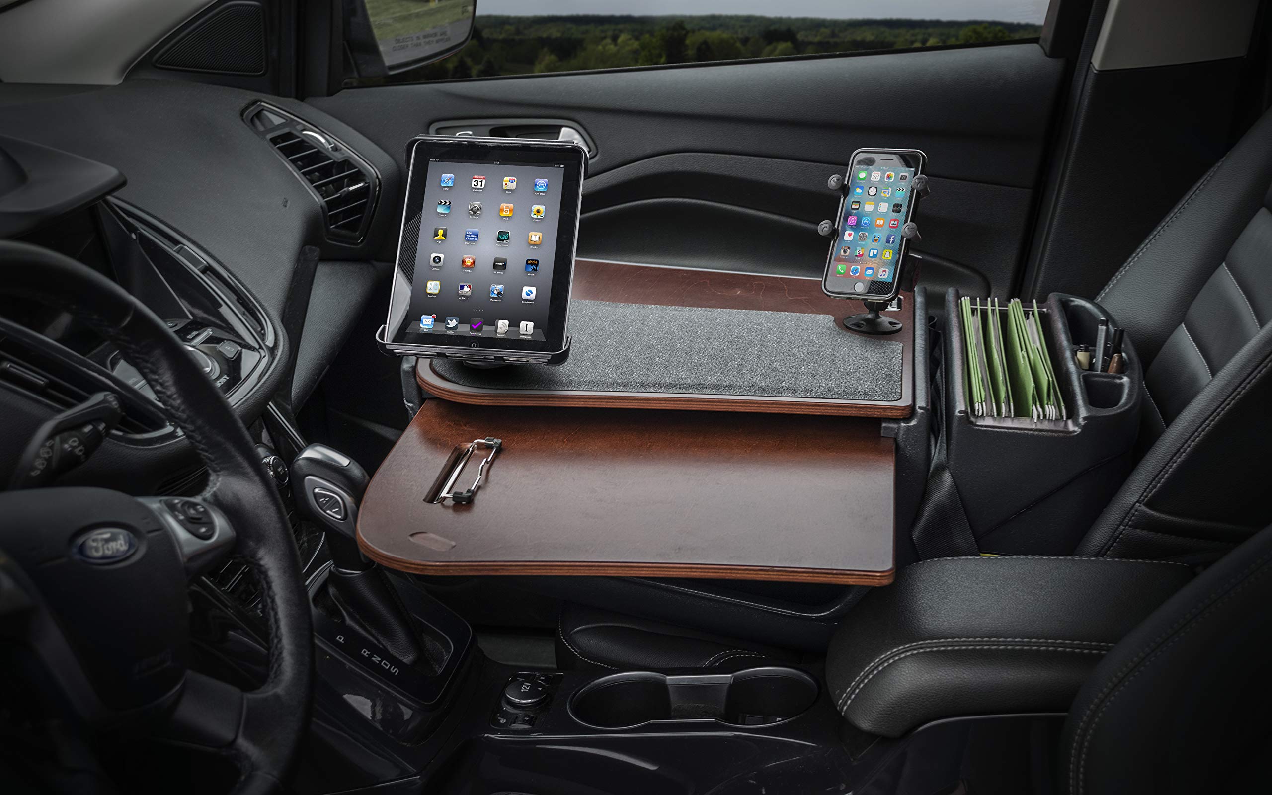 AutoExec AUE18300 GripMaster Car Desk with Built-in 200W Power Inverter, Phone & Tablet Mount - Mahogany Finish Workstation for Truck Drivers, Sales Reps & Road Warriors | Perfect for Mobile Office, Road Trips & On-the-Go Productivity