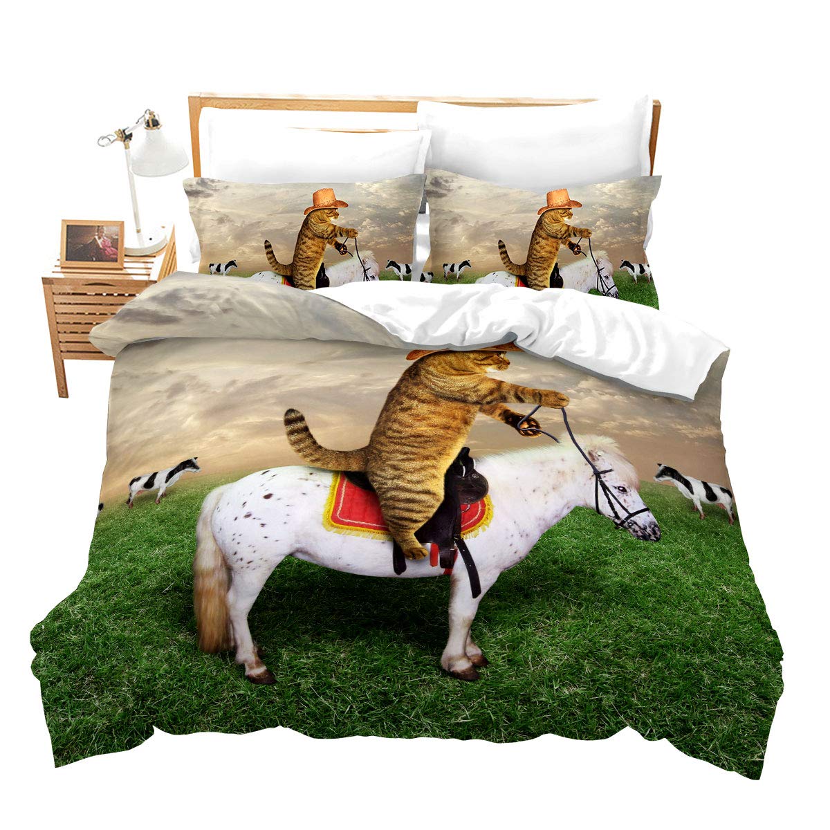 Funny Cat Riding Horse Duvet Cover Set - Nature Theme Cute Animal Print Twin Size Bedding (2 Pieces) for Kids, Boys & Girls Nursery - Perfect for Children's Rooms, Dorm Decor & Pet Lover Gifts