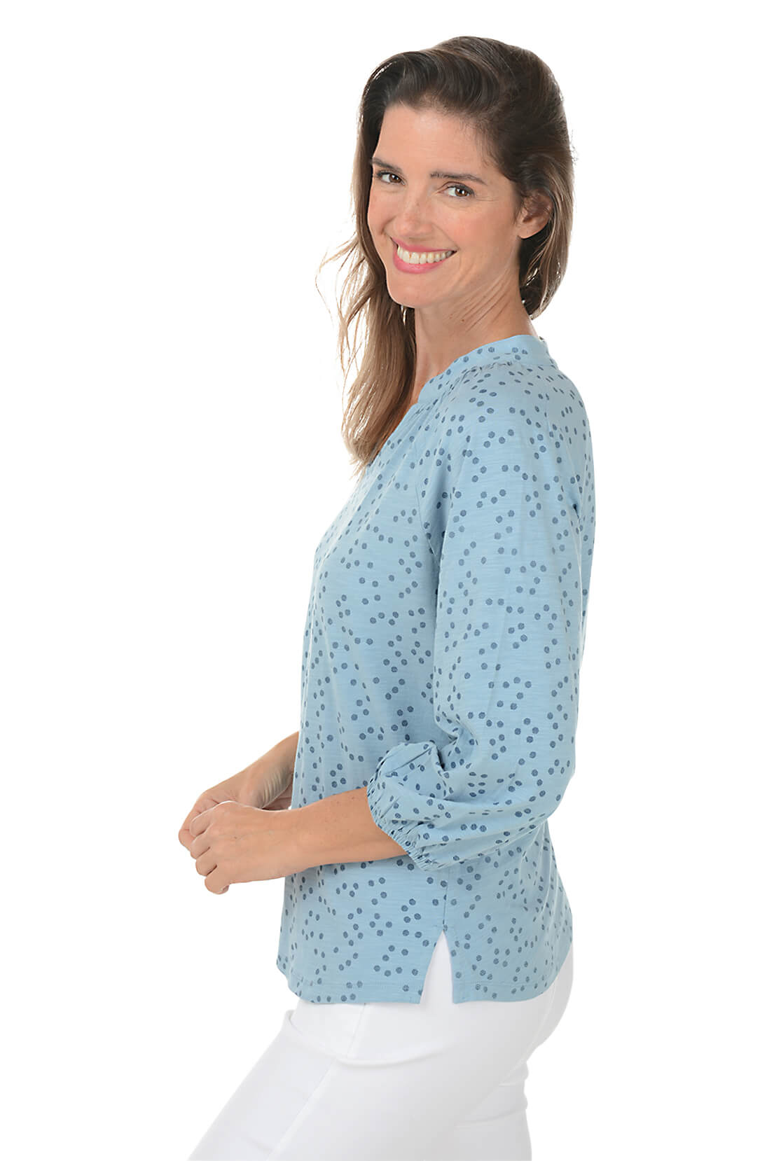 Stylish Dotted Split Neck Slub Knit Top for Women - Trendy Casual Blouse for Everyday Wear, Office, and Date Nights