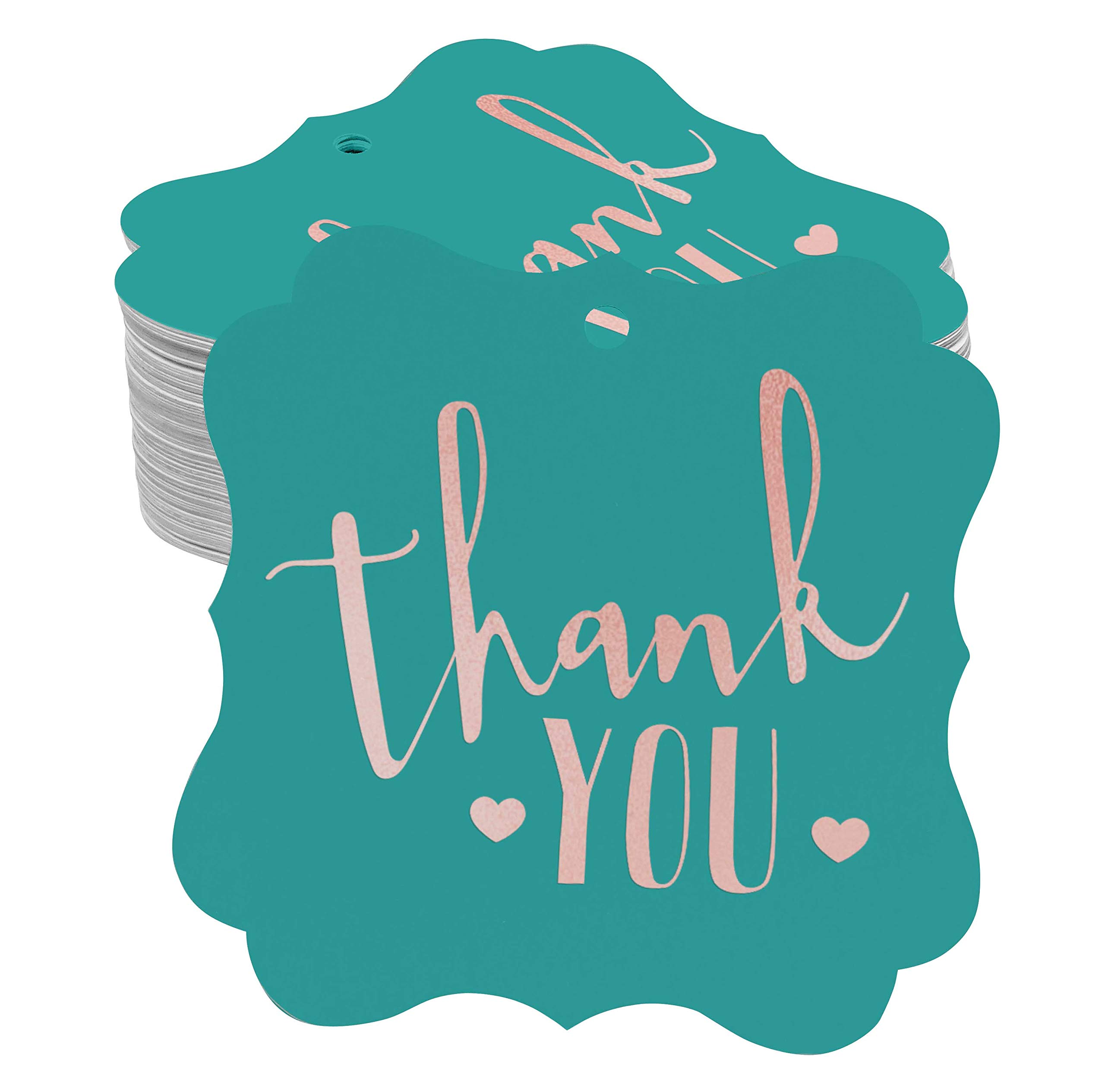 50 Pack Real Rose Gold Foil Bracket Shaped Paper Hang Tags - Perfect for Thank You Cards, Bridal Showers, Baby Showers, Weddings & Birthday Favors - Elegant Gift Tags for Party Decorations and Special Events