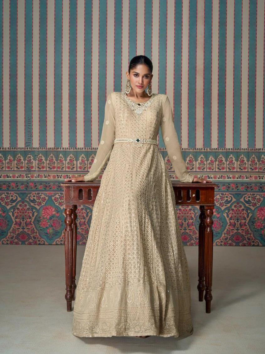 Elegant Beige Anarkali Suit for Women - Heavy Chikankari Embroidery Party Wear | Perfect for Weddings, Festivals & Special Occasions