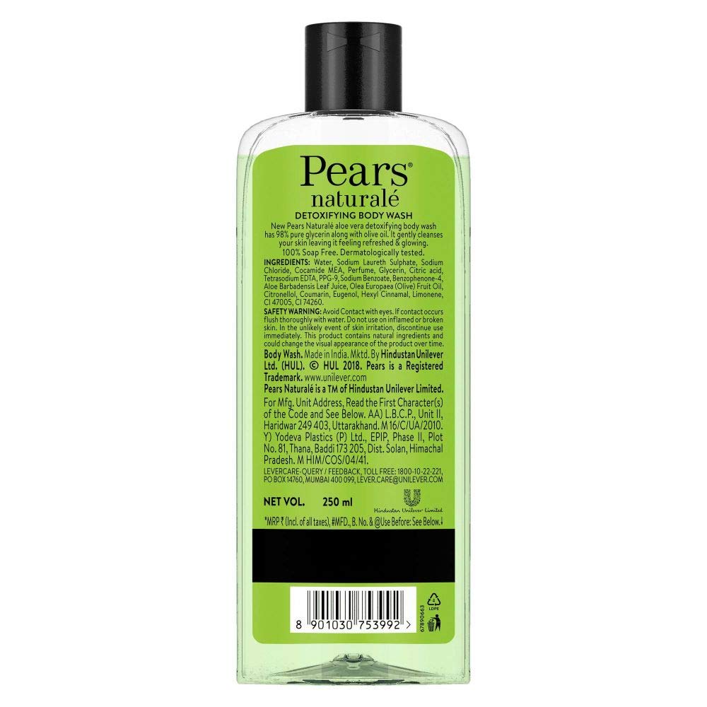 Pears Naturale Detoxifying Aloe Vera Body Wash 250ml - 100% Natural Shower Gel with Olive Oil for Glowing Skin | Paraben & Sulfate Free | Hydrating & Soothing for Dry & Sensitive Skin | Perfect for Daily Detox & Relaxing Bath Time
