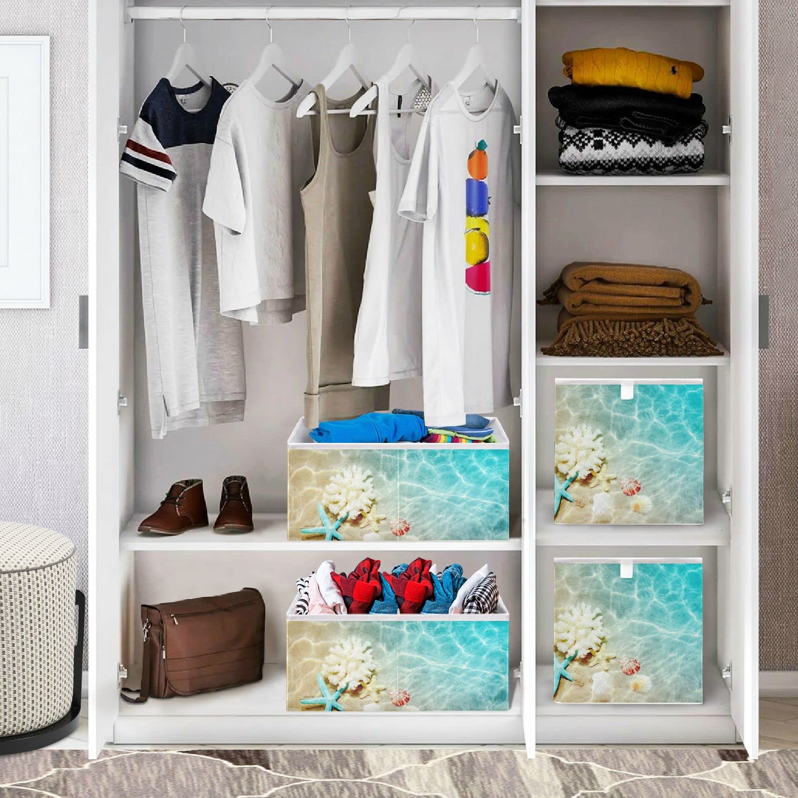 Foldable Starfish Seashell Storage Basket - 11x11x11 Inch Cube Bin for Shelves, Closet, Laundry & Nursery | Summer Beach Home Decor Organizer for Bedroom, Bathroom & Living Room