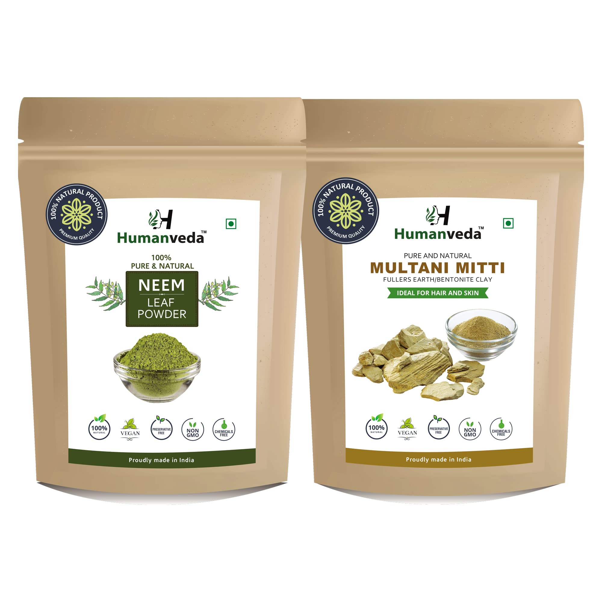 Humanveda Natural Neem Leaf Powder (100g) & Multani Mitti Powder (200g) | Fullers Earth Clay for Acne, Pimples & Dandruff Treatment | Organic Face Mask for Clear Skin & Hair Care | Perfect for Spa Day & Home Beauty Routine