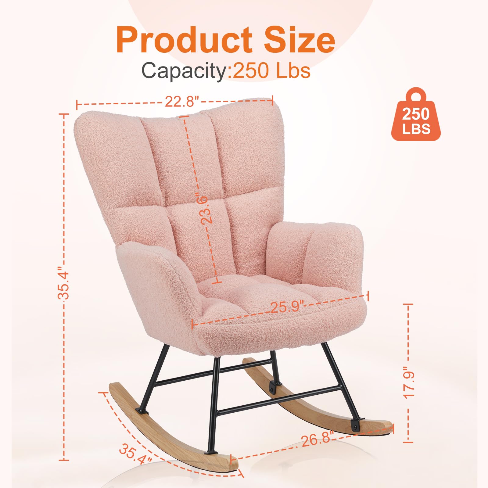 NEWBULIG Teddy Upholstered Glider Rocker with High Backrest - Modern Rocking Accent Chair for Nursery, Living Room & Bedroom (Pink) | Cozy Reading Chair, Perfect for Nursing, Relaxing & Home Decor