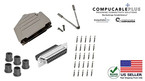 Premium DB25 Female Crimp Kit - No Ear, Full Profile, Deluxe Metal Hood Connector for Industrial Equipment & Network Cables (Great for Server Racks, Data Centers & Audio/Video Installations)