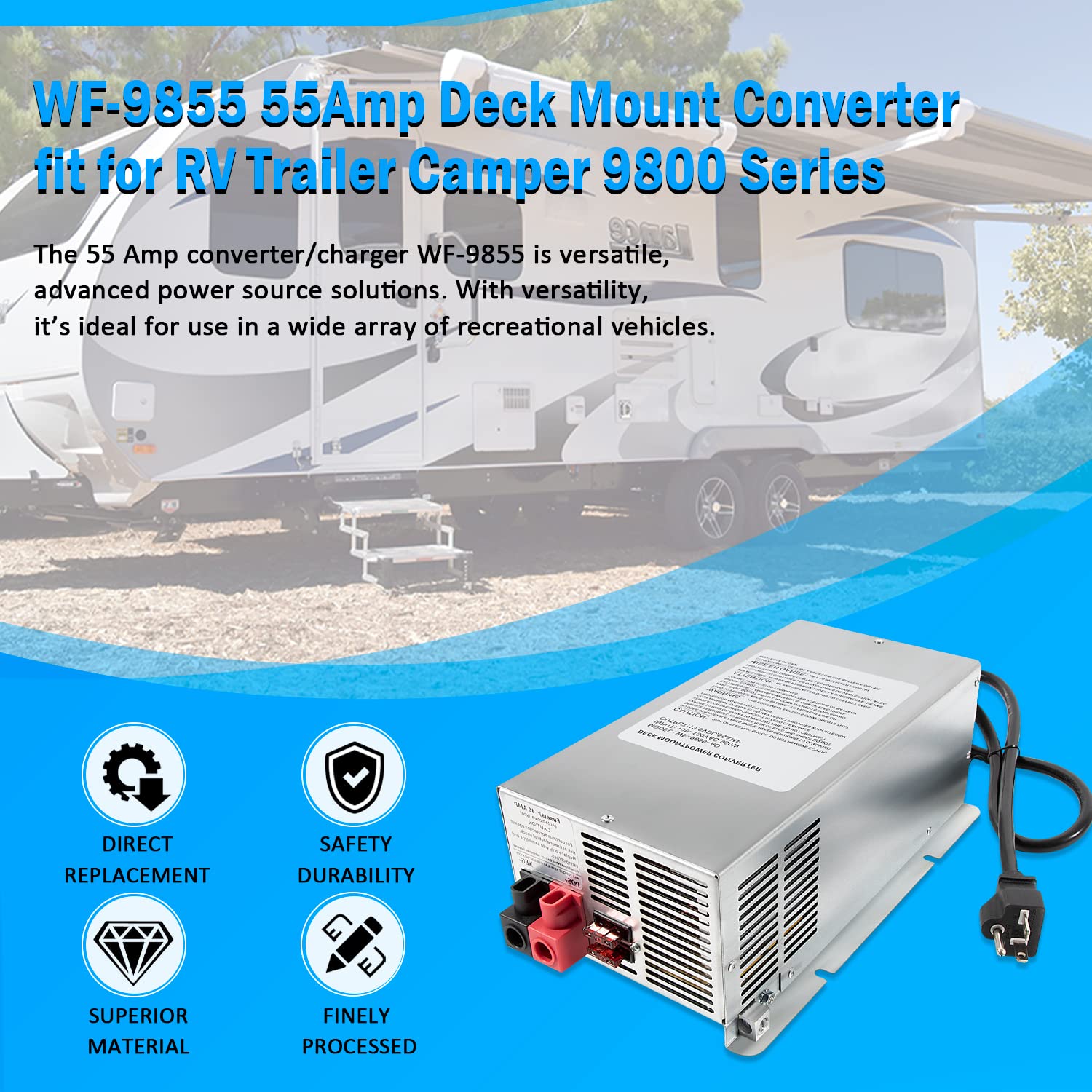 WF-9855 55 Amp RV Lithium-Ion Charger/Converter - Replacement for 9800 Series | Deck Mount Power Supply for RV, Trailer & Camper | Fast Charging & Battery Maintenance for Boondocking & Off-Grid Adventures