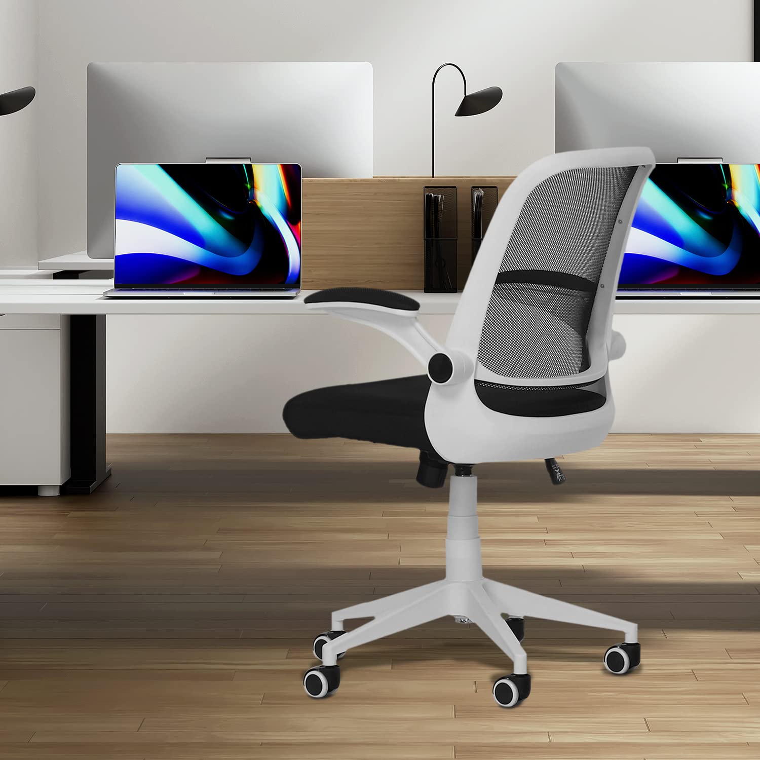 Mesh Office Chair with Flip-Up Arms & Wheels - Ergonomic for Home & Work, Black