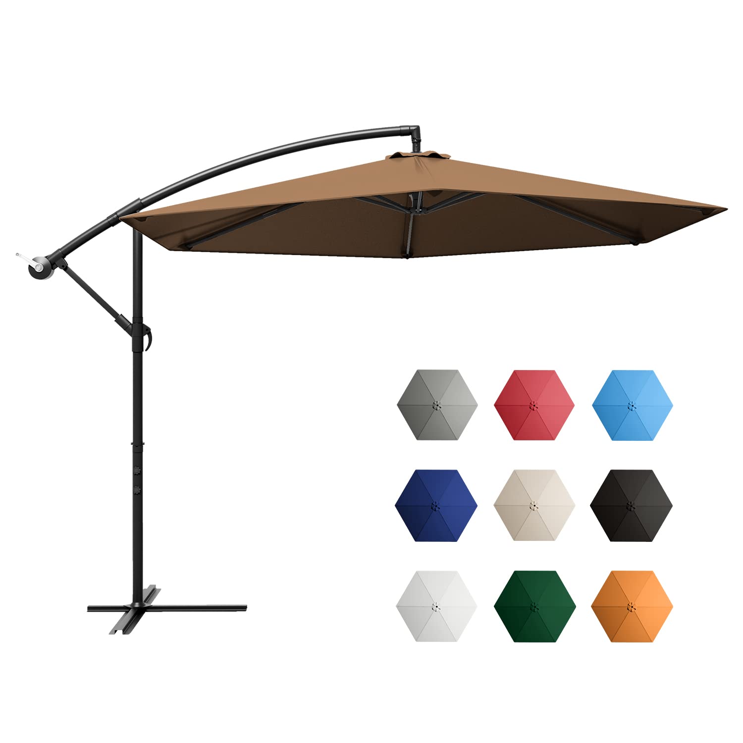 Greesum 10FT Offset Cantilever Patio Umbrella with Crank & Cross Base - Outdoor Market Hanging Umbrella for Garden, Poolside, Restaurant (Brown) | Durable Sun Shade for Backyard, Beach & Commercial Use