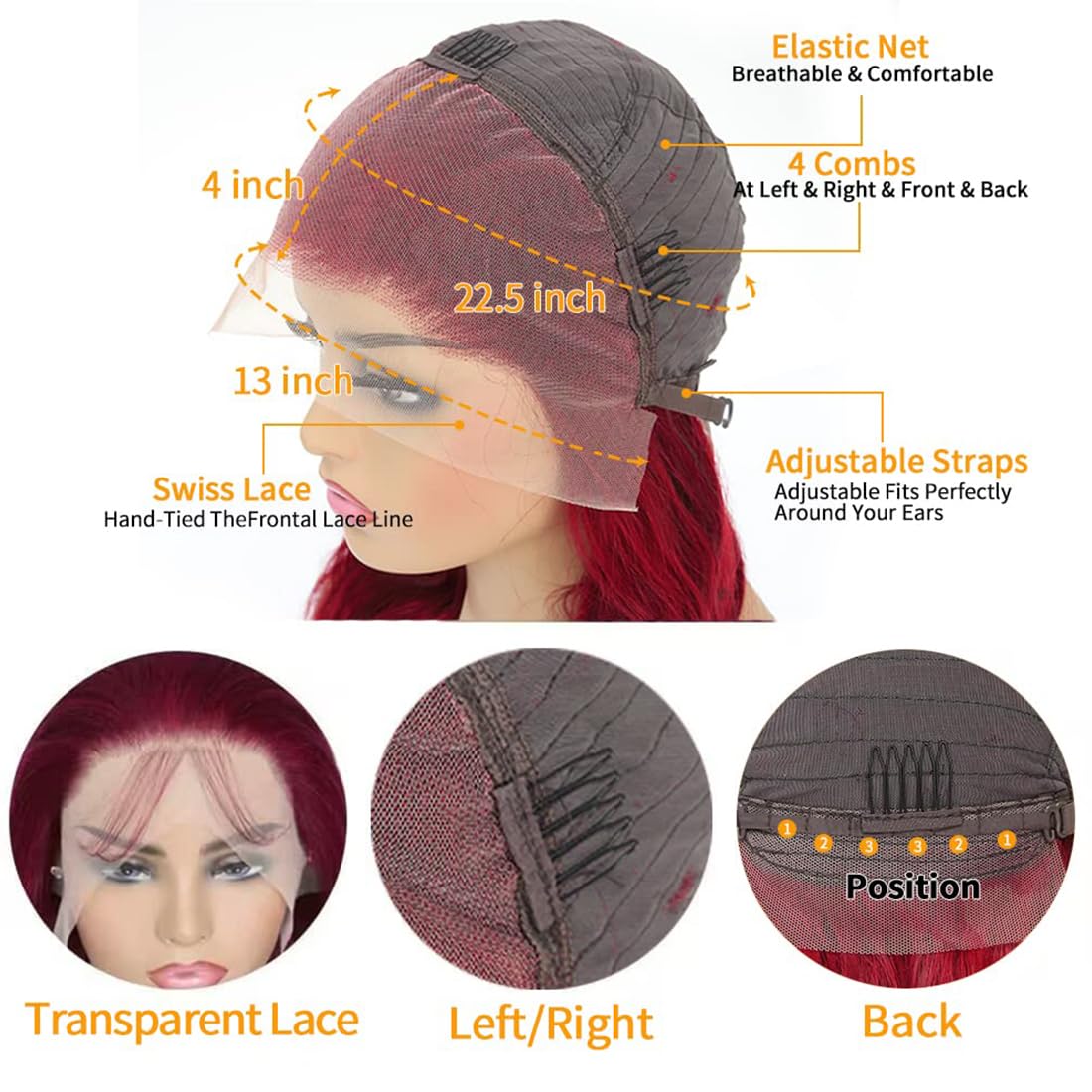 99j Burgundy 28 Inch 13x4 Lace Front Wigs Human Hair - Body Wave Pre Plucked 220% Density HD Transparent Red Wigs with Baby Hair for Women | Perfect for Cosplay, Weddings & Daily Wear