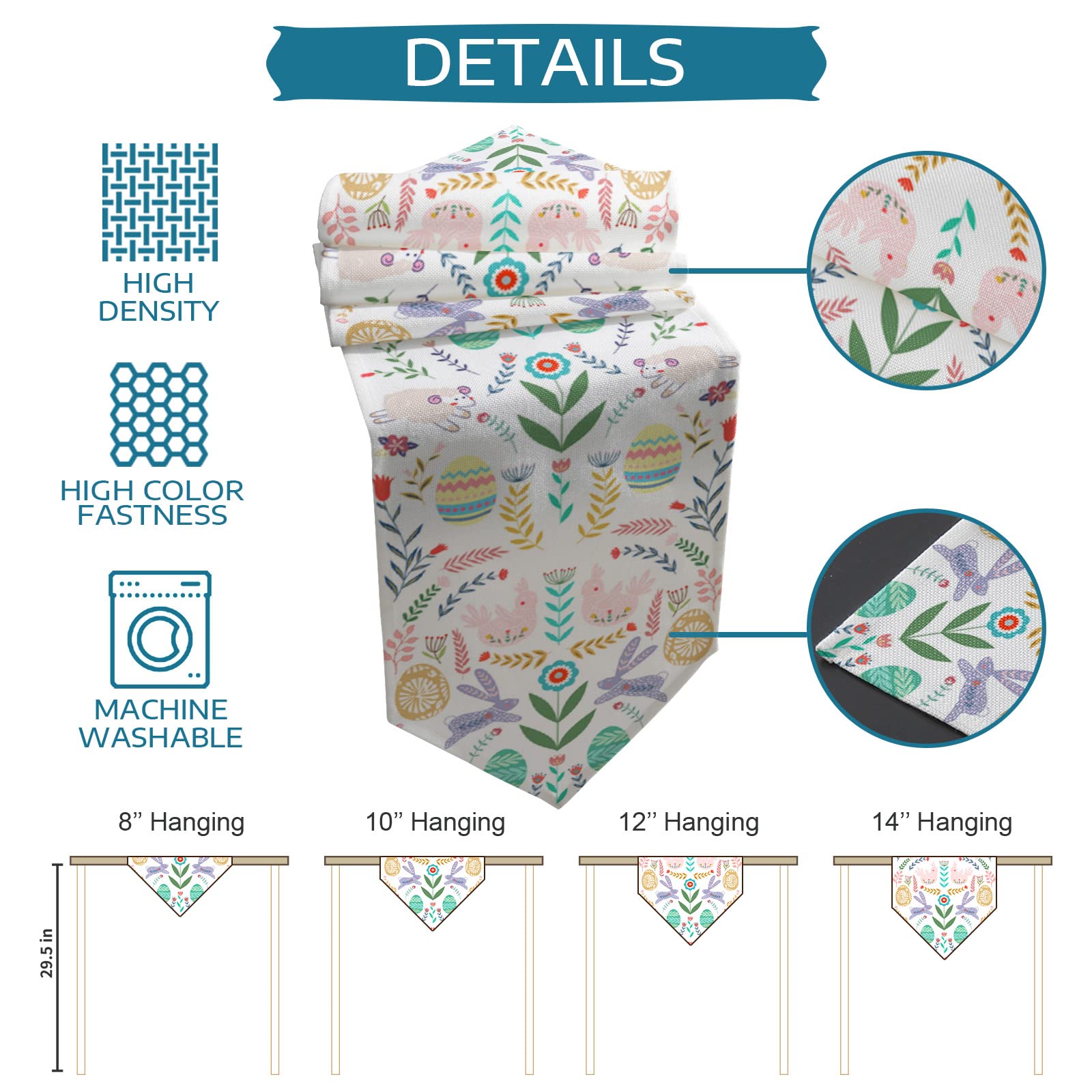 Easter Table Runner - 13x108 Inch Bunny & Eggs Design Spring Floral Decorative Table Scarf for Easter Dinner, Kitchen Decor, Home Party & Seasonal Celebration - Perfect for Holiday Dining Room Decorations