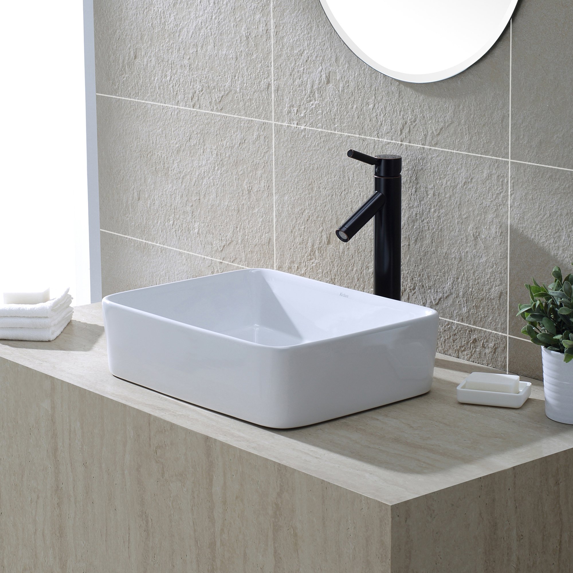Kraus KCV-121-ORB White Rectangular Ceramic Kitchen Sink with Pop-Up Drain, Oil Rubbed Bronze Finish - Perfect for Modern Farmhouse & Rustic Bathroom Renovations