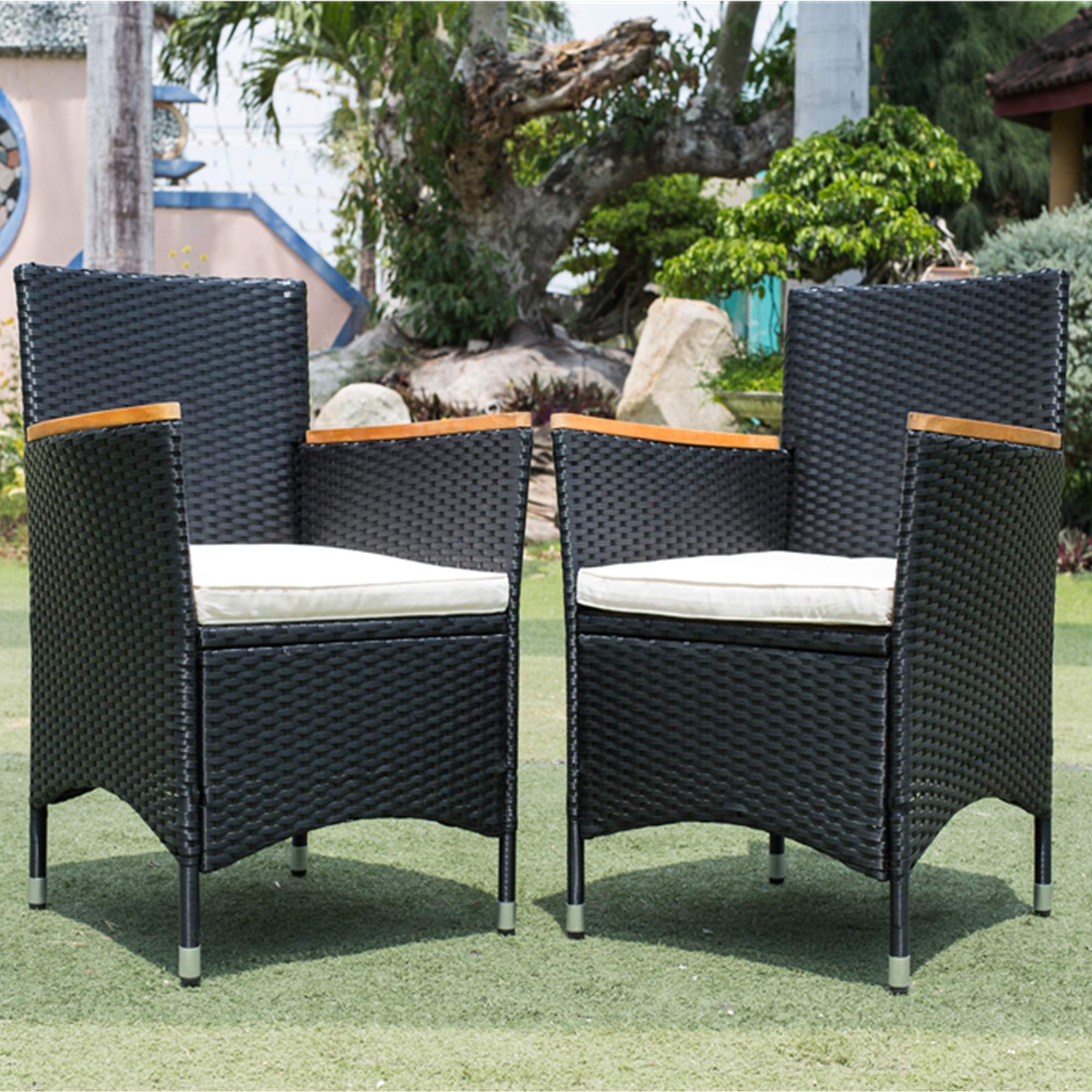 EMKK 7-Piece Patio Dining Set - Acacia Wood & Wicker Outdoor Furniture with Rectangular Table & 6 Cushioned Chairs - Perfect for Garden, Backyard, Poolside & Outdoor Entertaining